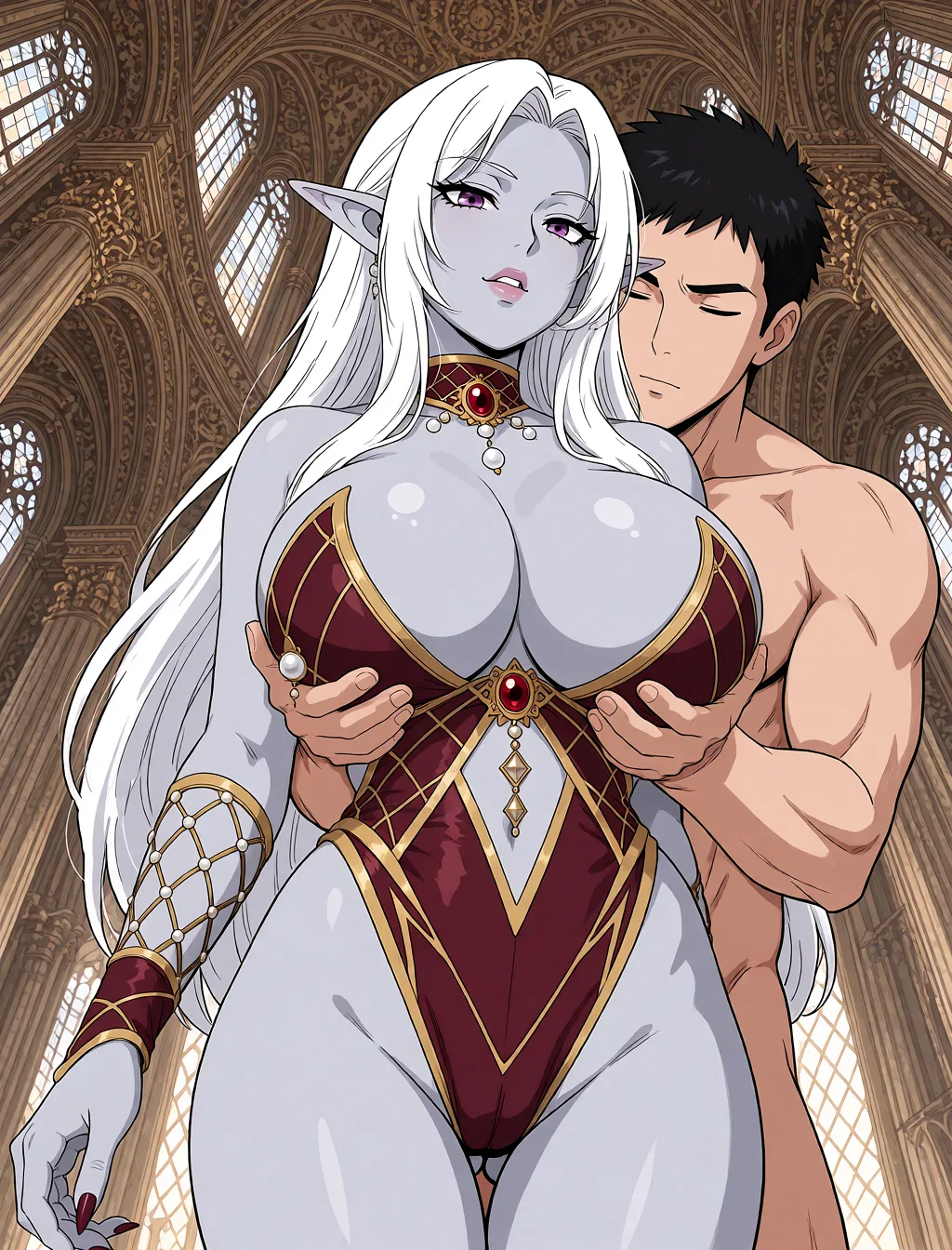Redraw the entire picture as a hand-drawn anime illustration in flat cel-shaded anime style. It stays the same person with the same face, the same expression, the same hair and the same skin tone, and every other detail of the photograph is kept exactly as it is: nothing is added, removed, moved, uncovered or recoloured. Only the medium changes, and no part of the picture is left photographic. Above all, the picture must show: Keep her look and expression the same, add a man who is squeezing her boobs from behind.