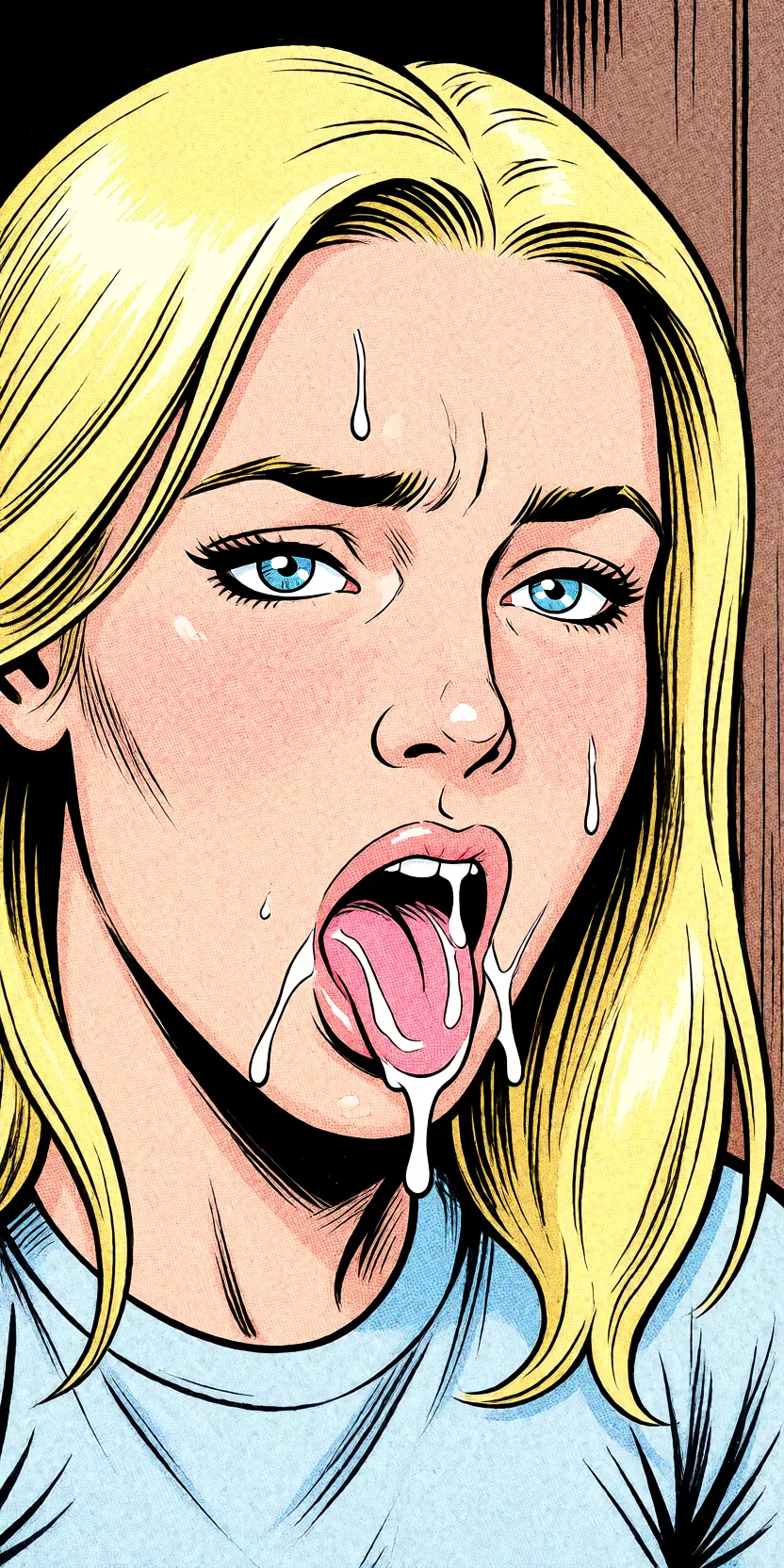Redraw the entire picture as western comic-book art: heavy black inked outlines, hard-edged cel shading, limited high-contrast colour and visible halftone dot texture. The background is drawn in the same style. Nothing in the frame keeps its photographic appearance. Above all, the picture must show: orgasm.