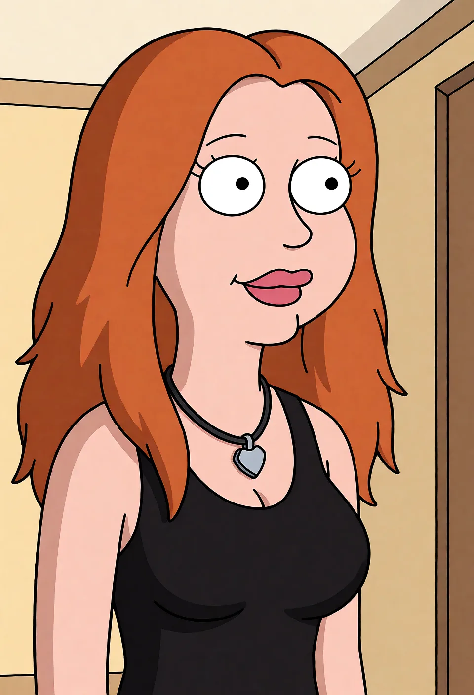 Redraw the entire picture as a western animated cartoon cel: thick even outlines, flat bright blocks of colour, simplified rounded shapes and hard-edged shadows, in the look of a television cartoon rather than of a camera. Keep the woman's adult proportions and adult figure exactly as they are; only the drawing style changes. The background is drawn in the same style. Nothing in the frame keeps its photographic appearance. Above all, the picture must show: make my tit out thats it.