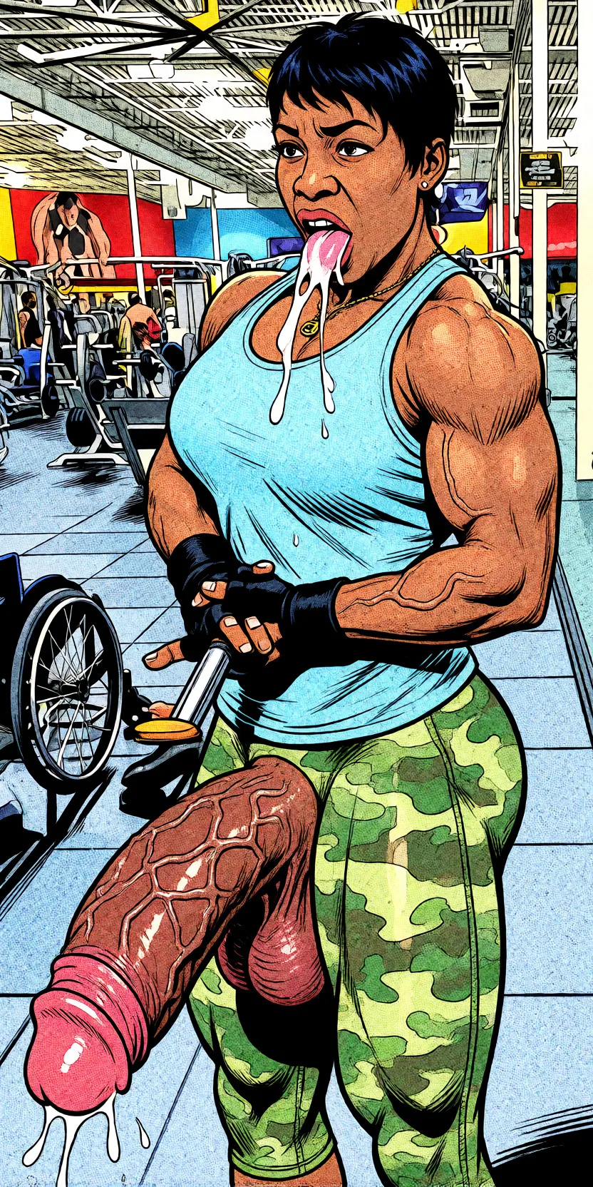 Redraw the entire picture as western comic-book art: heavy black inked outlines, hard-edged cel shading, limited high-contrast colour and visible halftone dot texture. The background is drawn in the same style. Nothing in the frame keeps its photographic appearance. Above all, the picture must show: absurdly huge dark_skin veiny_penis cum_in_mouth.