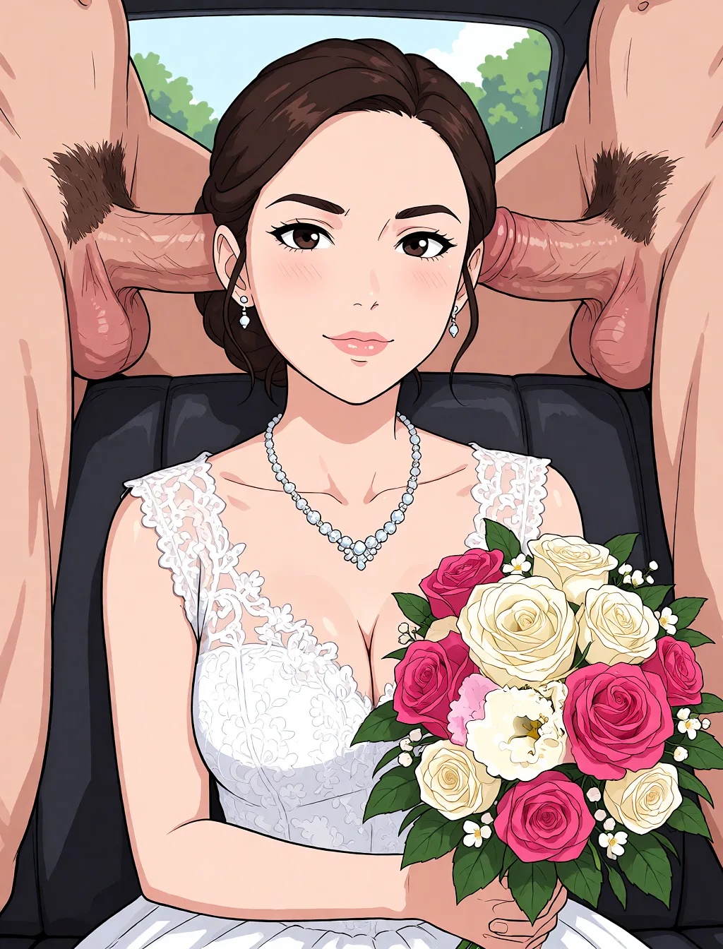 Redraw the entire picture as a hand-drawn anime illustration in flat cel-shaded anime style. It stays the same person with the same face, the same expression, the same hair and the same skin tone, and every other detail of the photograph is kept exactly as it is: nothing is added, removed, moved, uncovered or recoloured. Only the medium changes, and no part of the picture is left photographic. Above all, the picture must show: i want her to be shown fucked by two male_focus.