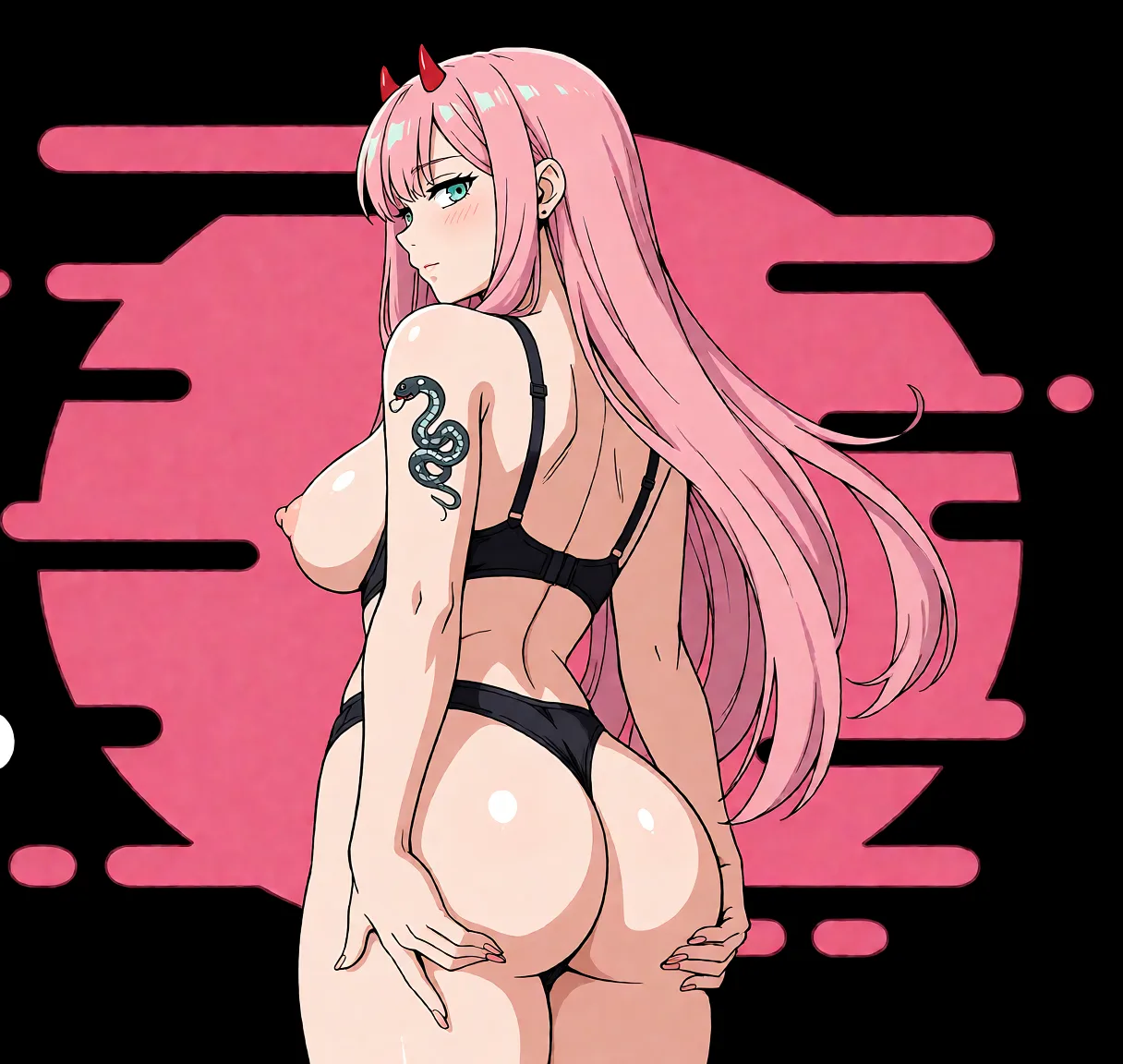 Redraw the entire picture as a hand-drawn anime illustration in flat cel-shaded anime style. It stays the same person with the same face, the same expression, the same hair and the same skin tone, and every other detail of the photograph is kept exactly as it is: nothing is added, removed, moved, uncovered or recoloured. Only the medium changes, and no part of the picture is left photographic. Above all, the picture must show: Leave the posture of a woman the same, but make in cooler sharper sharper and breast naked.