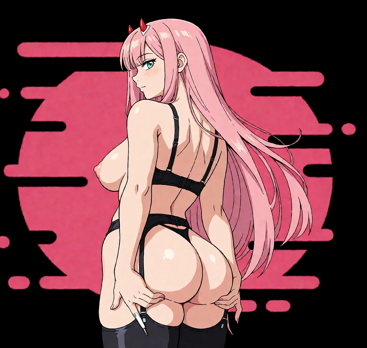 Redraw the entire picture as a hand-drawn anime illustration in flat cel-shaded anime style. It stays the same person with the same face, the same expression, the same hair and the same skin tone, and every other detail of the photograph is kept exactly as it is: nothing is added, removed, moved, uncovered or recoloured. Only the medium changes, and no part of the picture is left photographic. Above all, the picture must show: Leave the posture of a woman the same, hands on ass. make it cooler sharper sharper and breast naked. Remoe tattoo.