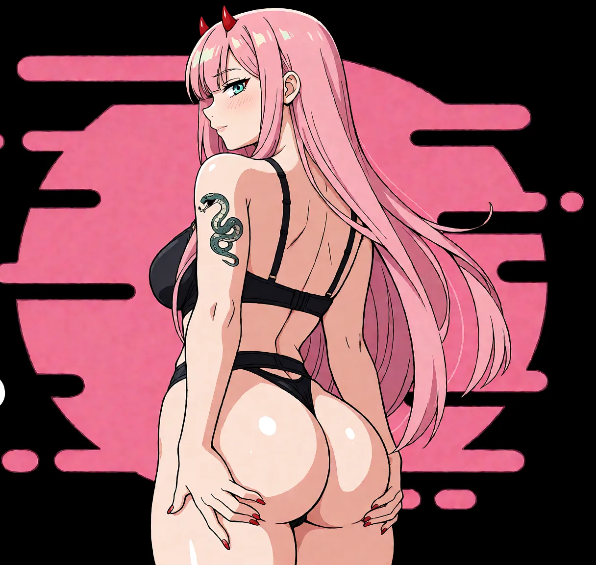 Redraw the entire picture as a hand-drawn anime illustration in flat cel-shaded anime style. It stays the same person with the same face, the same expression, the same hair and the same skin tone, and every other detail of the photograph is kept exactly as it is: nothing is added, removed, moved, uncovered or recoloured. Only the medium changes, and no part of the picture is left photographic. Above all, the picture must show: Leave the posture of a woman the same. Hands on ass. but make image bolder and sharper.