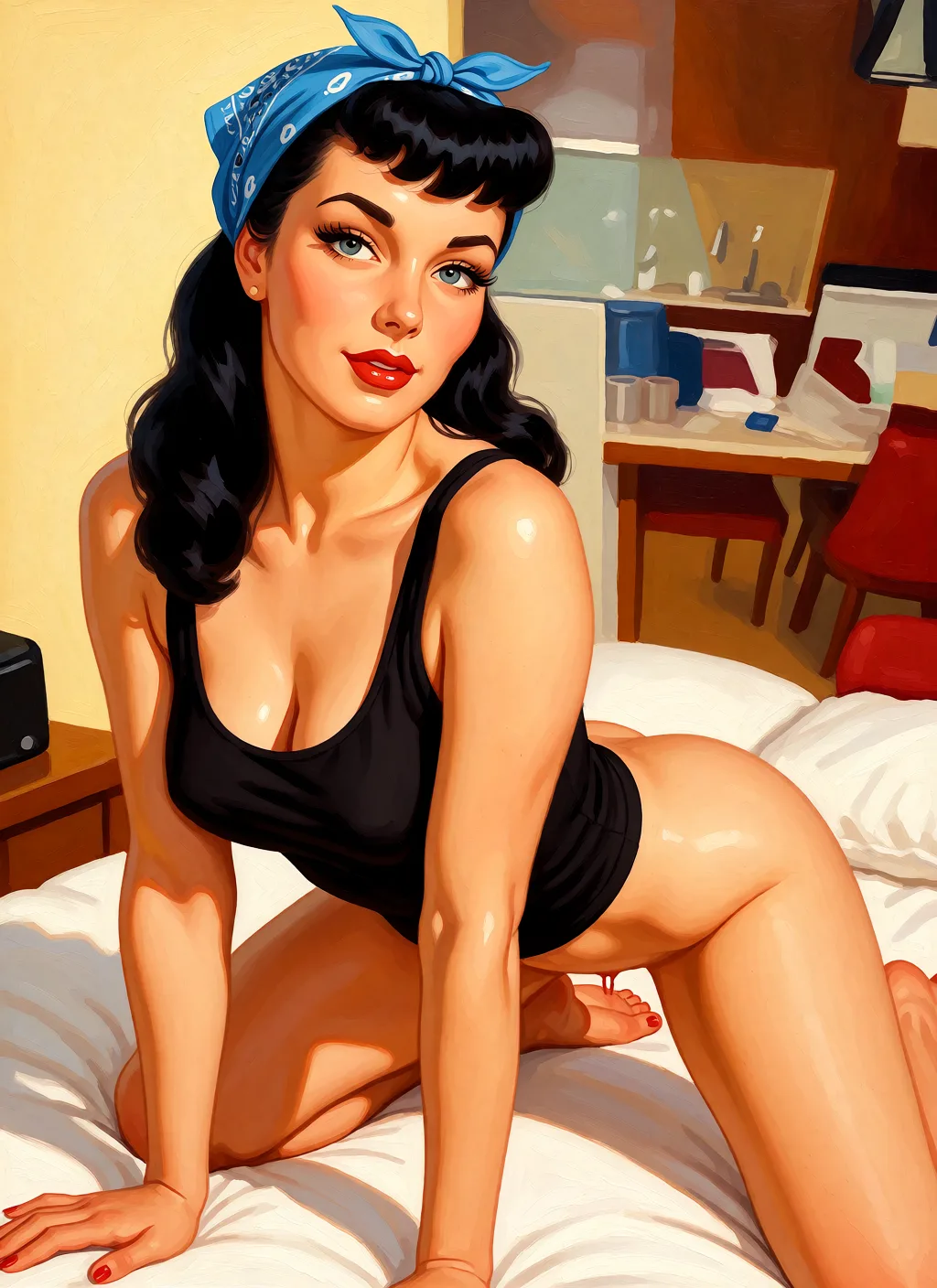 Redraw the entire picture as a retro pin-up illustration: smooth airbrushed gouache paint, warm saturated mid-century colour, clean confident outlines and glamorous stylised features, in the look of a 1950s pin-up poster. The background is painted in the same style. Nothing in the frame keeps its photographic appearance. Above all, the picture must show: doggystyle nude.