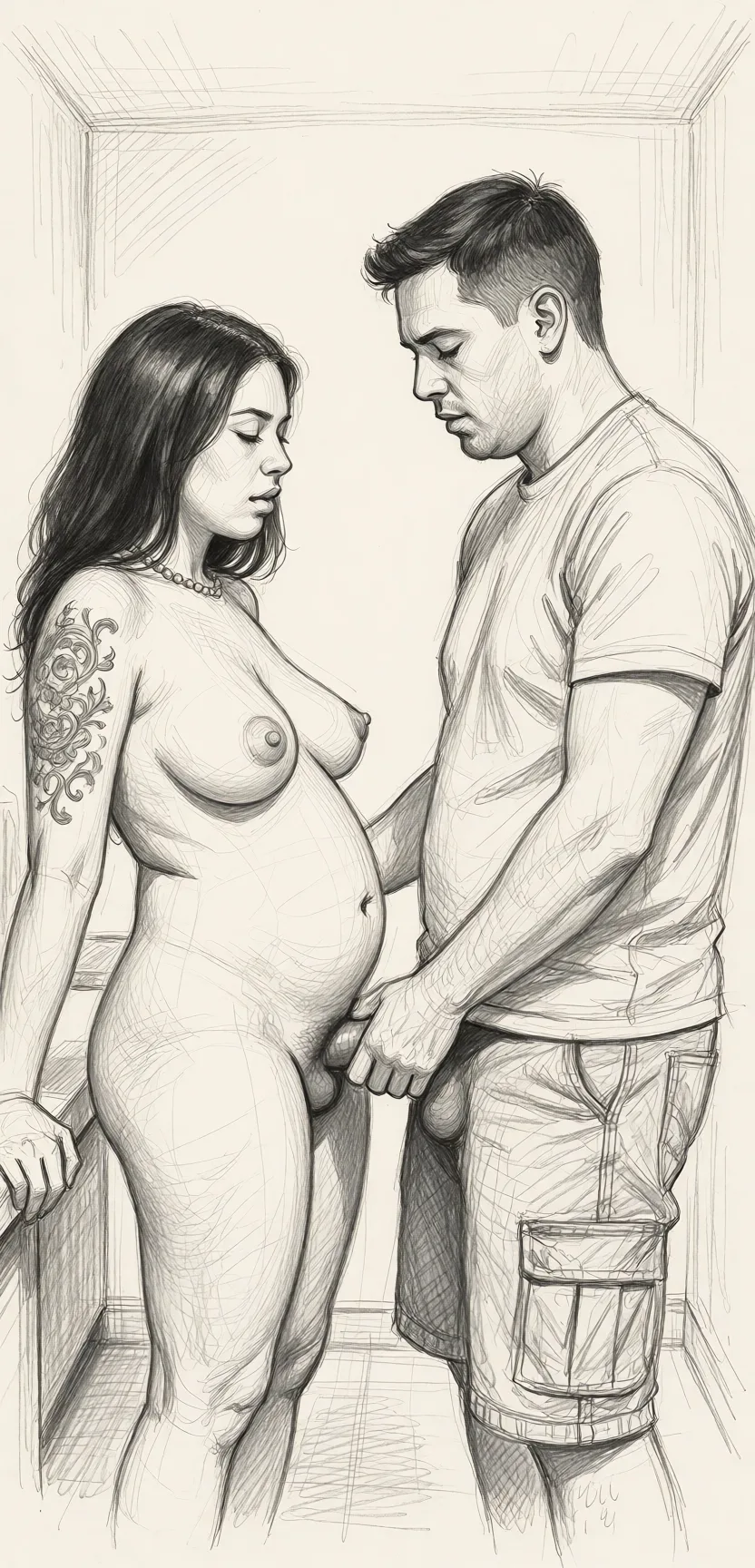 Redraw the entire picture as a hand-drawn graphite sketch on off-white paper: visible pencil strokes, cross-hatched shading, loose construction lines and no colour beyond the grey of the pencil and the tone of the paper. The background is drawn in the same style. Nothing in the frame keeps its photographic appearance. Above all, the picture must show: He is stroking her penis.