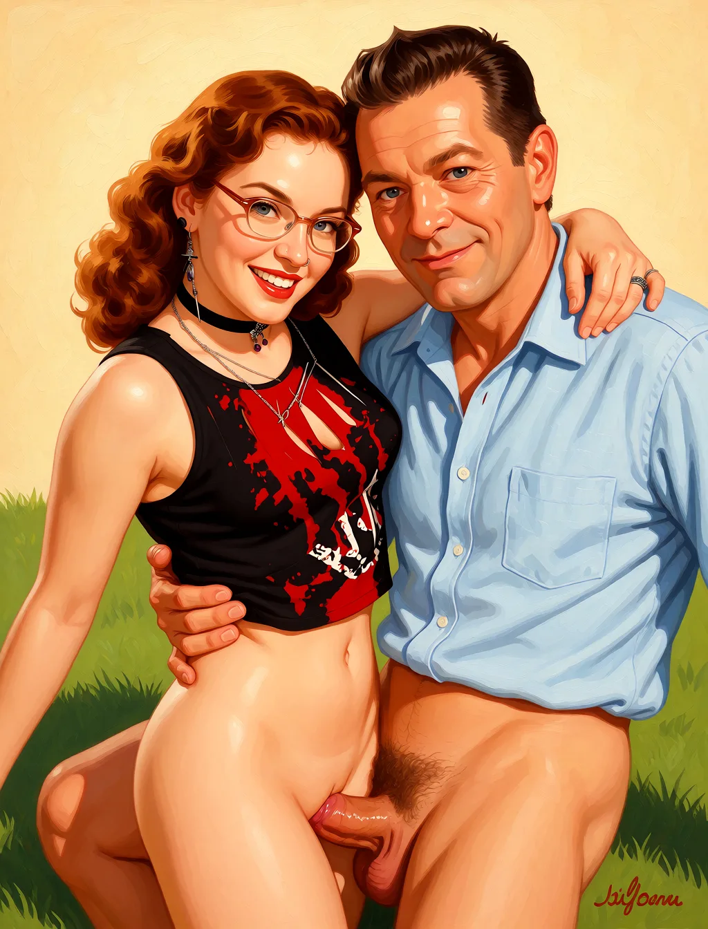 Redraw the entire picture as a retro pin-up illustration: smooth airbrushed gouache paint, warm saturated mid-century colour, clean confident outlines and glamorous stylised features, in the look of a 1950s pin-up poster. The background is painted in the same style. Nothing in the frame keeps its photographic appearance. Above all, the picture must show: They are naked and having sex.