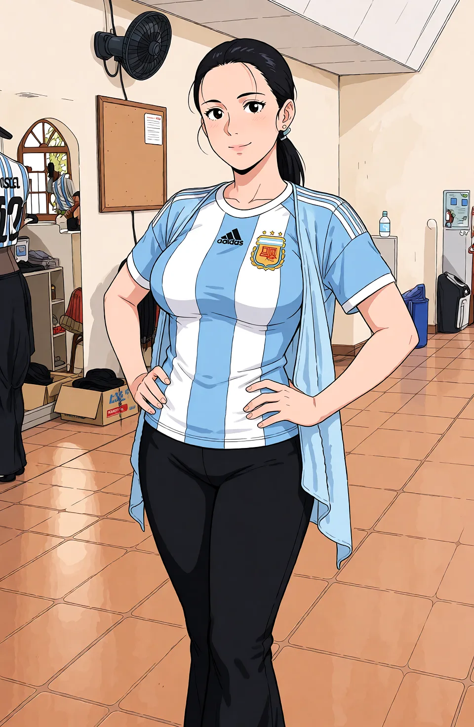 Redraw the entire picture as a hand-drawn anime illustration in flat cel-shaded anime style. It stays the same person with the same face, the same expression, the same hair and the same skin tone, and every other detail of the photograph is kept exactly as it is: nothing is added, removed, moved, uncovered or recoloured. Only the medium changes, and no part of the picture is left photographic. Above all, the picture must show: mostrando las tetas y bombacha negra.