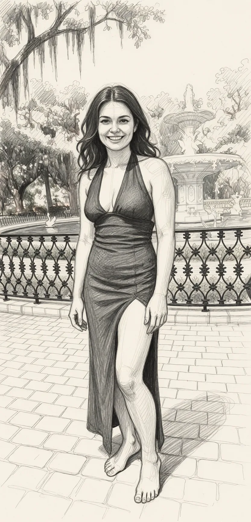 Redraw the entire picture as a hand-drawn graphite sketch on off-white paper: visible pencil strokes, cross-hatched shading, loose construction lines and no colour beyond the grey of the pencil and the tone of the paper. The background is drawn in the same style. Nothing in the frame keeps its photographic appearance. Above all, the picture must show: Undressed.