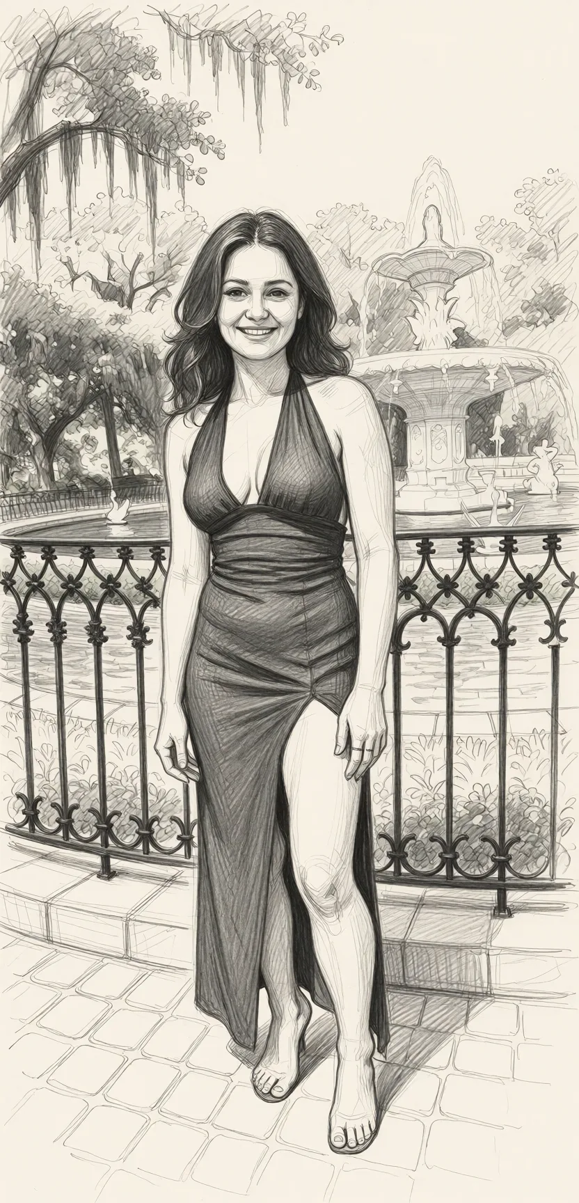 Redraw the entire picture as a hand-drawn graphite sketch on off-white paper: visible pencil strokes, cross-hatched shading, loose construction lines and no colour beyond the grey of the pencil and the tone of the paper. The background is drawn in the same style. Nothing in the frame keeps its photographic appearance. Above all, the picture must show: nude.