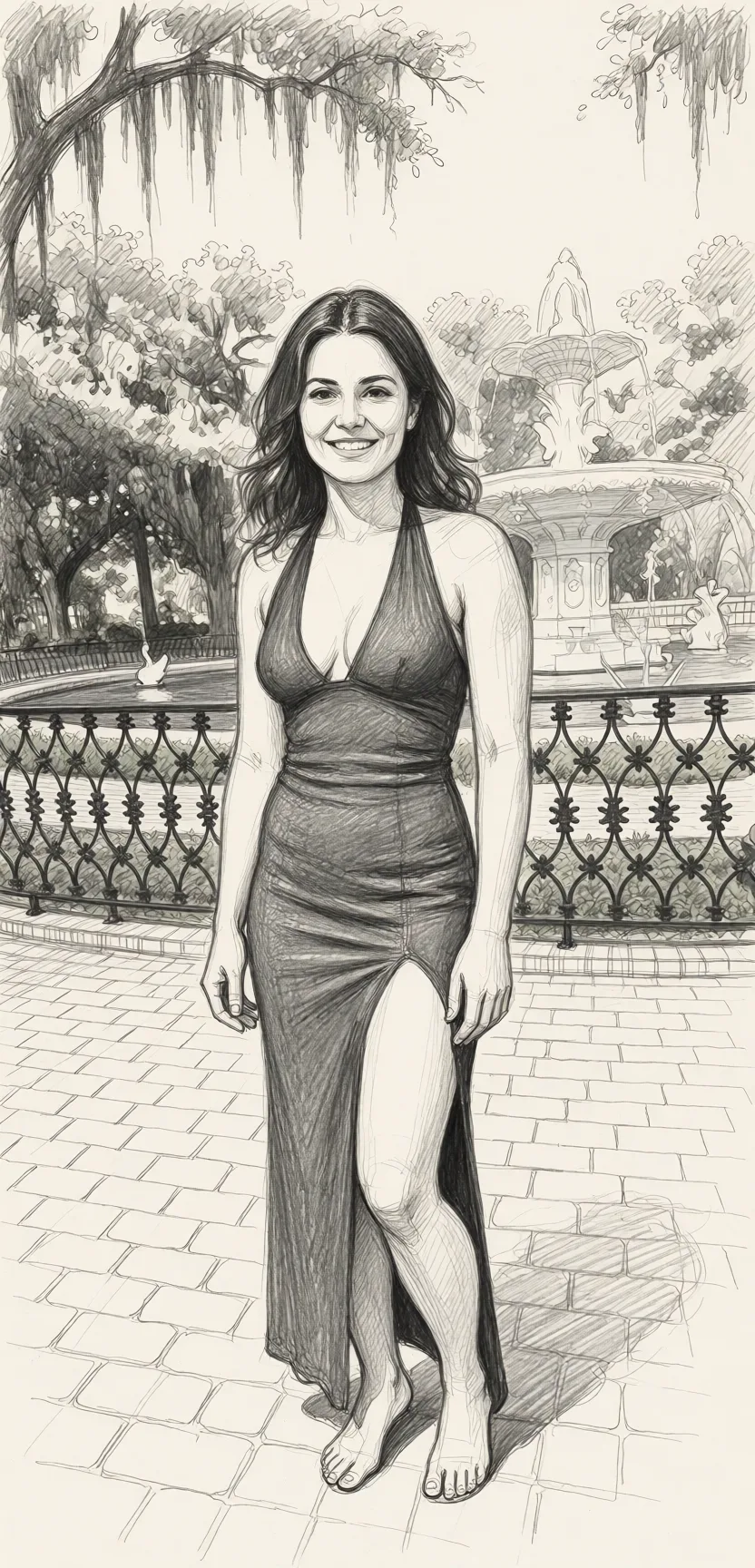 Redraw the entire picture as a hand-drawn graphite sketch on off-white paper: visible pencil strokes, cross-hatched shading, loose construction lines and no colour beyond the grey of the pencil and the tone of the paper. The background is drawn in the same style. Nothing in the frame keeps its photographic appearance. Above all, the picture must show: Keep the face the same remove dres.