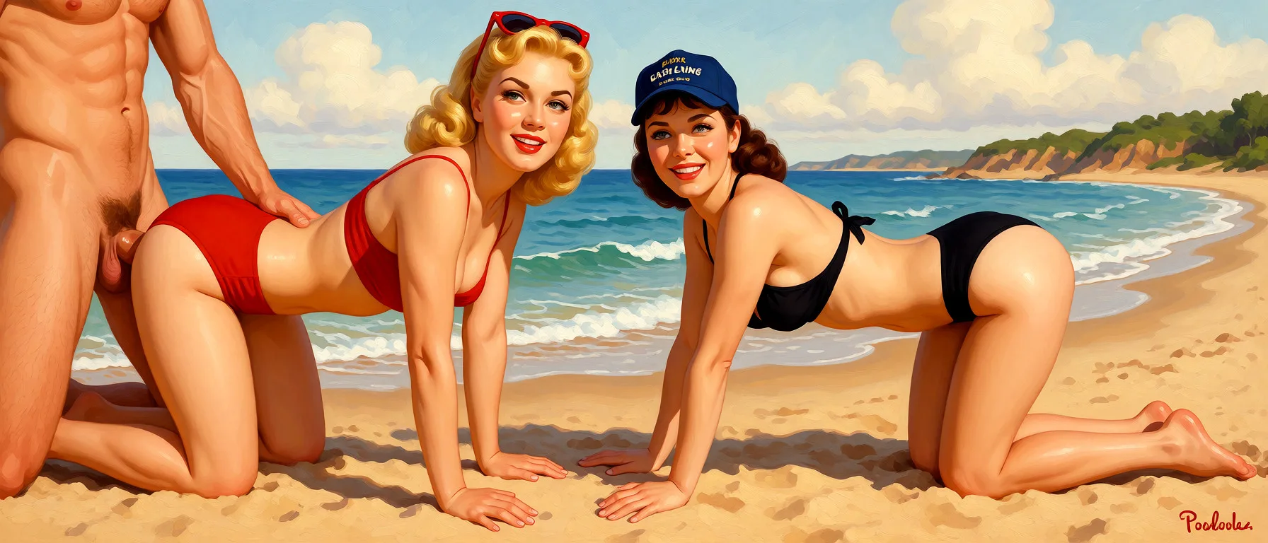 Redraw the entire picture as a retro pin-up illustration: smooth airbrushed gouache paint, warm saturated mid-century colour, clean confident outlines and glamorous stylised features, in the look of a 1950s pin-up poster. The background is painted in the same style. Nothing in the frame keeps its photographic appearance. Above all, the picture must show: Men are having sex with women.