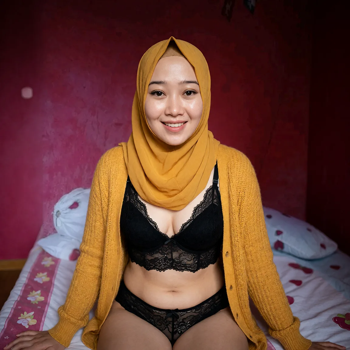 Edit the supplied photograph. Change only what is asked for below. Return one clean, natural, high-resolution photograph with realistic skin texture and no distortion. Replace her outfit with a black lace lingerie set that fits her properly. Keep her face, her identity, her hair and her skin tone exactly as they are, and keep the room and the light she is in. Keep her pose and the framing of the shot.