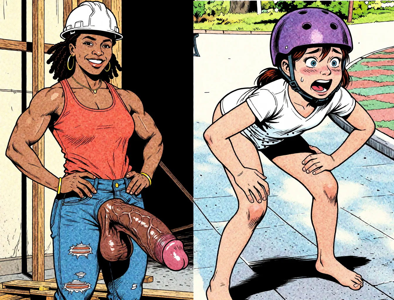 Redraw the entire picture as western comic-book art: heavy black inked outlines, hard-edged cel shading, limited high-contrast colour and visible halftone dot texture. The background is drawn in the same style. Nothing in the frame keeps its photographic appearance. Above all, the picture must show: sex_from_behind.