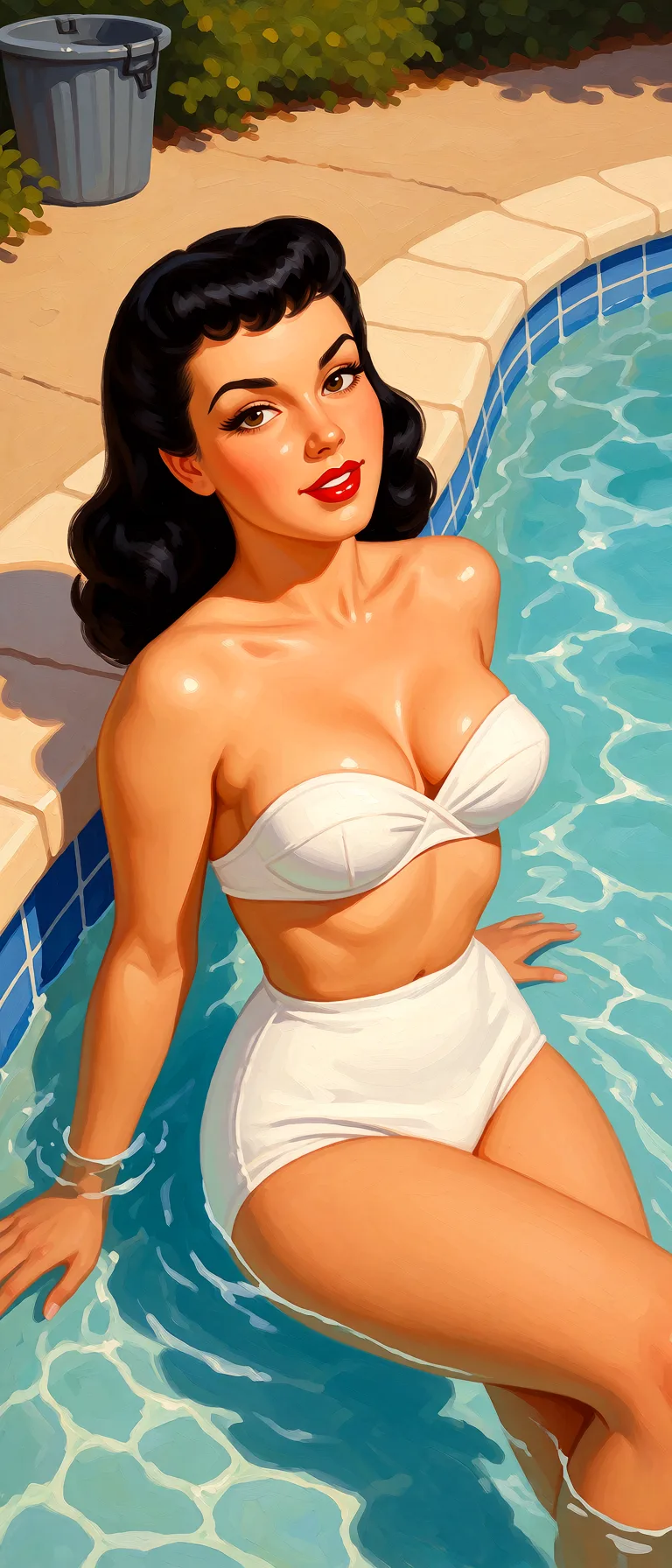 Redraw the entire picture as a retro pin-up illustration: smooth airbrushed gouache paint, warm saturated mid-century colour, clean confident outlines and glamorous stylised features, in the look of a 1950s pin-up poster. The background is painted in the same style. Nothing in the frame keeps its photographic appearance. Above all, the picture must show: Desnuda.