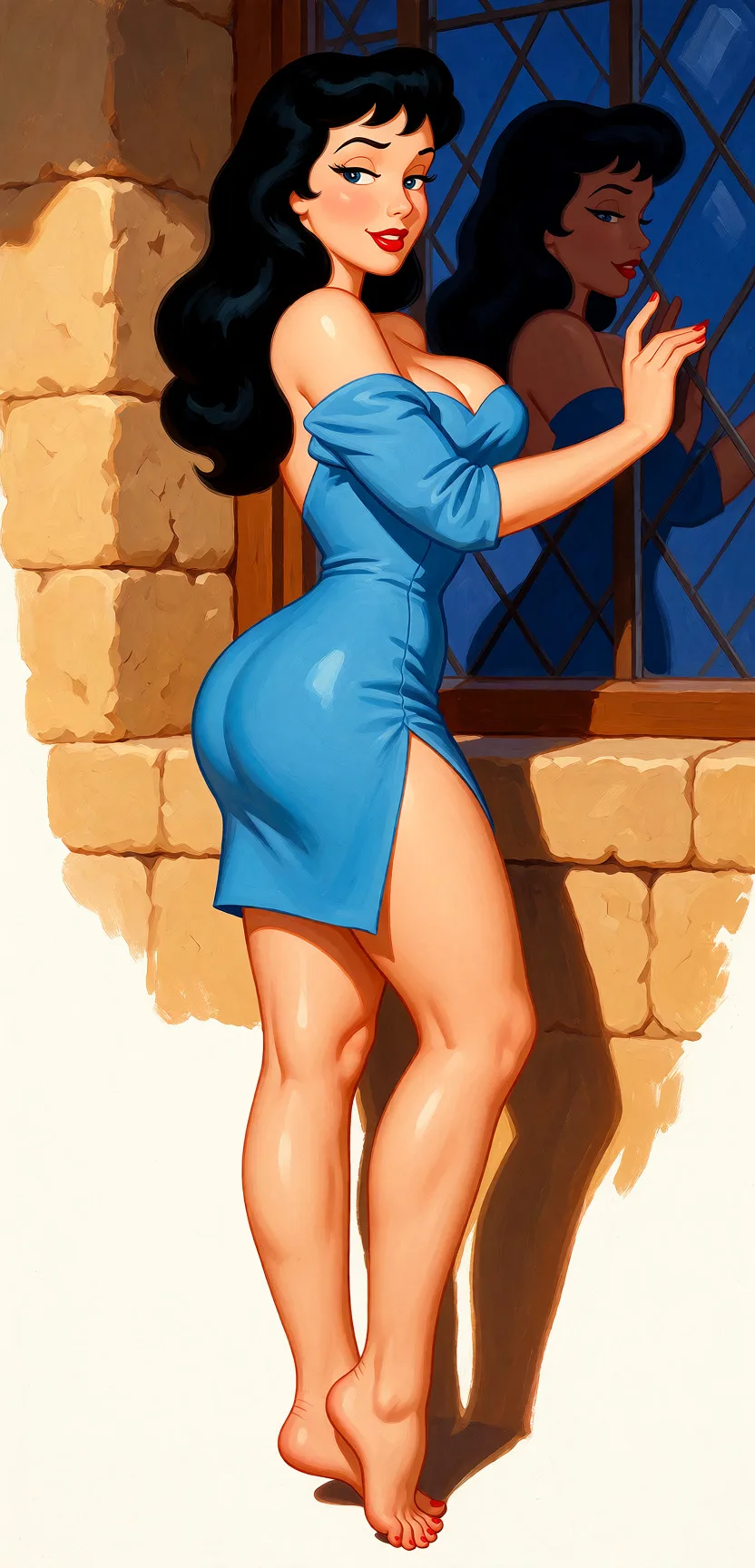 Redraw the entire picture as a retro pin-up illustration: smooth airbrushed gouache paint, warm saturated mid-century colour, clean confident outlines and glamorous stylised features, in the look of a 1950s pin-up poster. The background is painted in the same style. Nothing in the frame keeps its photographic appearance. Above all, the picture must show: animation woman, voluptuous, tight blue dress, short dress, very slit dress, standing, feet visible, empty and white background.