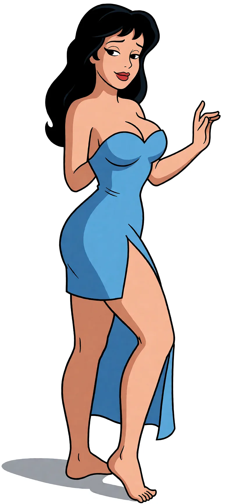 Redraw the entire picture as a western animated cartoon cel: thick even outlines, flat bright blocks of colour, simplified rounded shapes and hard-edged shadows, in the look of a television cartoon rather than of a camera. Keep the woman's adult proportions and adult figure exactly as they are; only the drawing style changes. The background is drawn in the same style. Nothing in the frame keeps its photographic appearance. Above all, the picture must show: animation woman, voluptuous, tight blue dress, short dress, very slit dress, standing, feet visible, empty and white background.