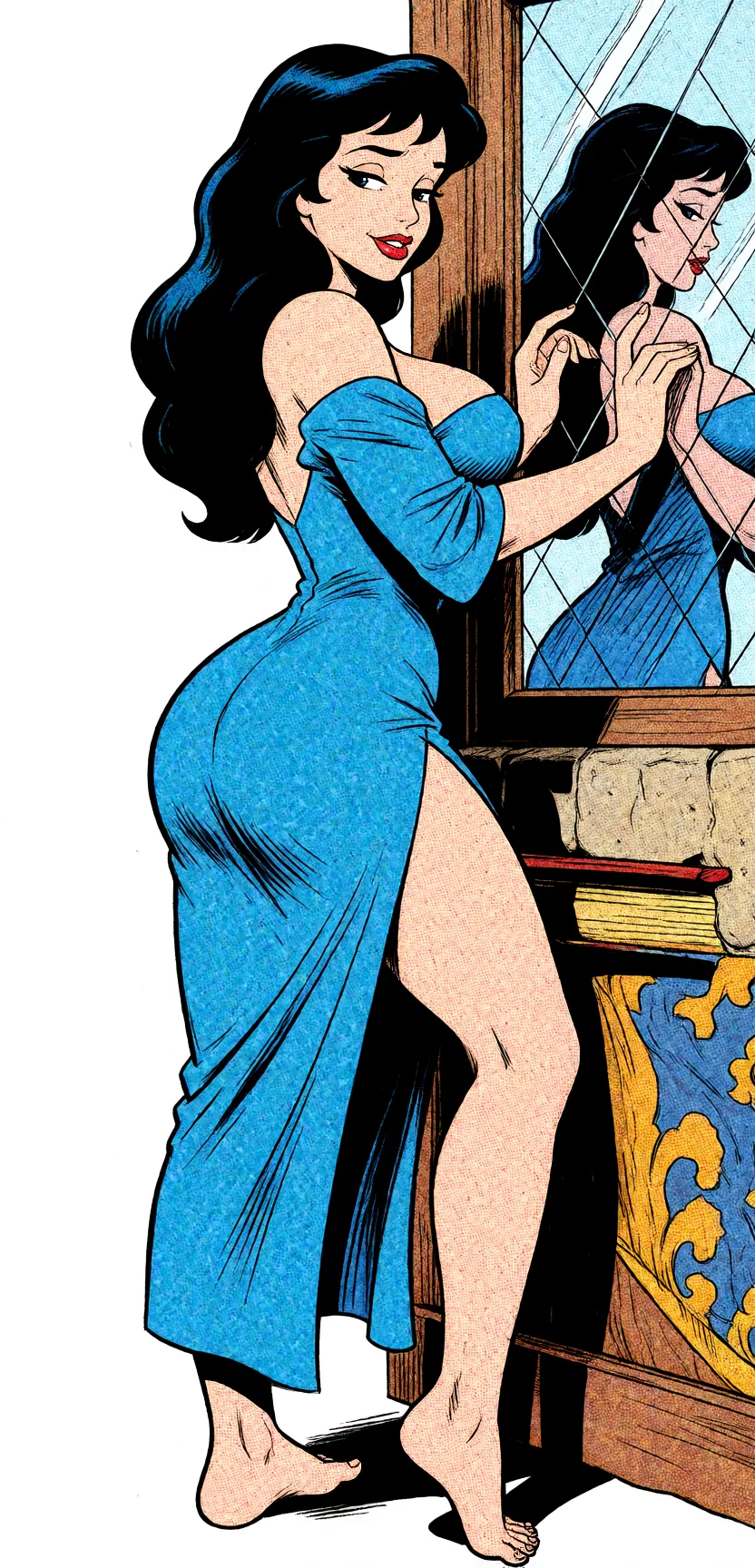 Redraw the entire picture as western comic-book art: heavy black inked outlines, hard-edged cel shading, limited high-contrast colour and visible halftone dot texture. The background is drawn in the same style. Nothing in the frame keeps its photographic appearance. Above all, the picture must show: animation woman, voluptuous, tight blue dress, short dress, very slit dress, standing, feet visible, empty and white background.
