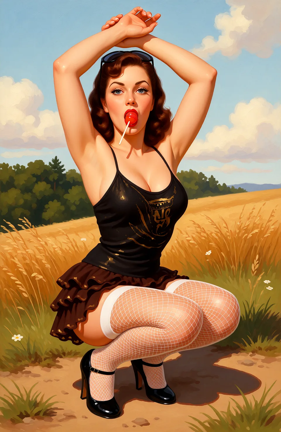 Redraw the entire picture as a retro pin-up illustration: smooth airbrushed gouache paint, warm saturated mid-century colour, clean confident outlines and glamorous stylised features, in the look of a 1950s pin-up poster. The background is painted in the same style. Nothing in the frame keeps its photographic appearance. Above all, the picture must show: present this figure with crothless white nylons, and present her squatting, present her with her arms in the air and a lollypop in her mouth.
