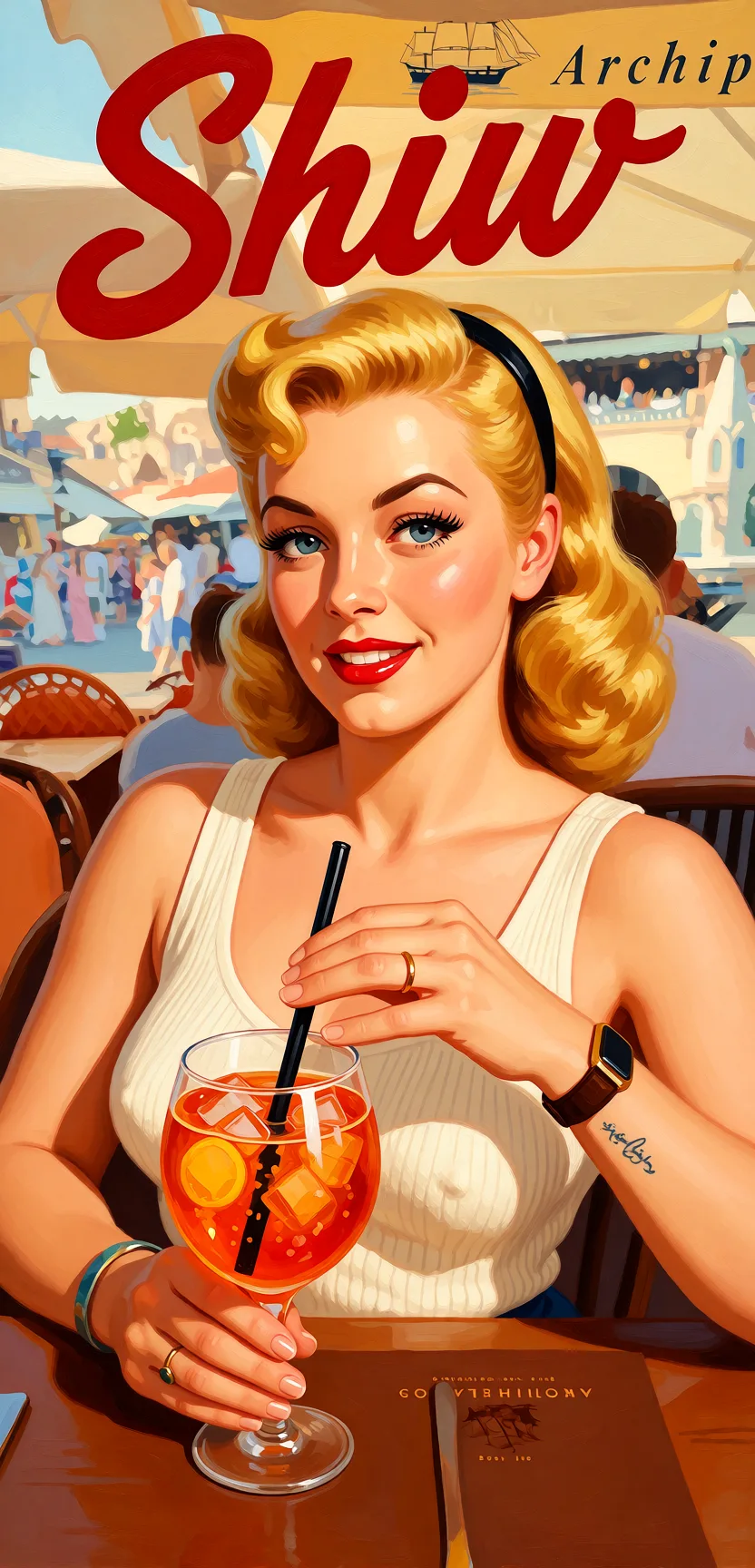Redraw the entire picture as a retro pin-up illustration: smooth airbrushed gouache paint, warm saturated mid-century colour, clean confident outlines and glamorous stylised features, in the look of a 1950s pin-up poster. The background is painted in the same style. Nothing in the frame keeps its photographic appearance. Above all, the picture must show: Shiw nipples natural tits.