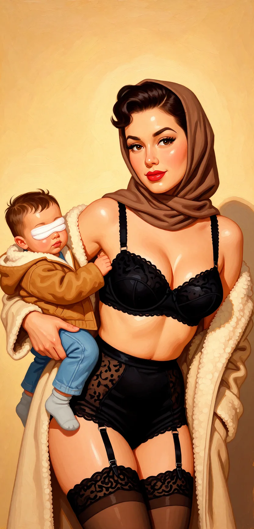 Redraw the entire picture as a retro pin-up illustration: smooth airbrushed gouache paint, warm saturated mid-century colour, clean confident outlines and glamorous stylised features, in the look of a 1950s pin-up poster. The background is painted in the same style. Nothing in the frame keeps its photographic appearance. Above all, the picture must show: Sexy black lingerie of this woman.