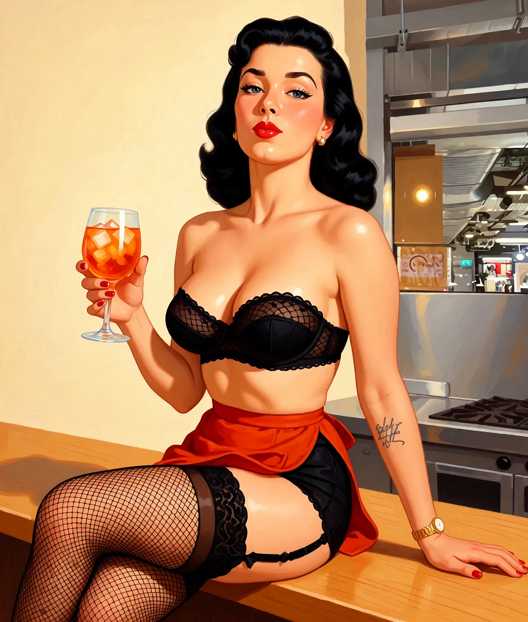 Redraw the entire picture as a retro pin-up illustration: smooth airbrushed gouache paint, warm saturated mid-century colour, clean confident outlines and glamorous stylised features, in the look of a 1950s pin-up poster. The background is painted in the same style. Nothing in the frame keeps its photographic appearance. Above all, the picture must show: undressing and sexy lingerie with fishnet stocking.