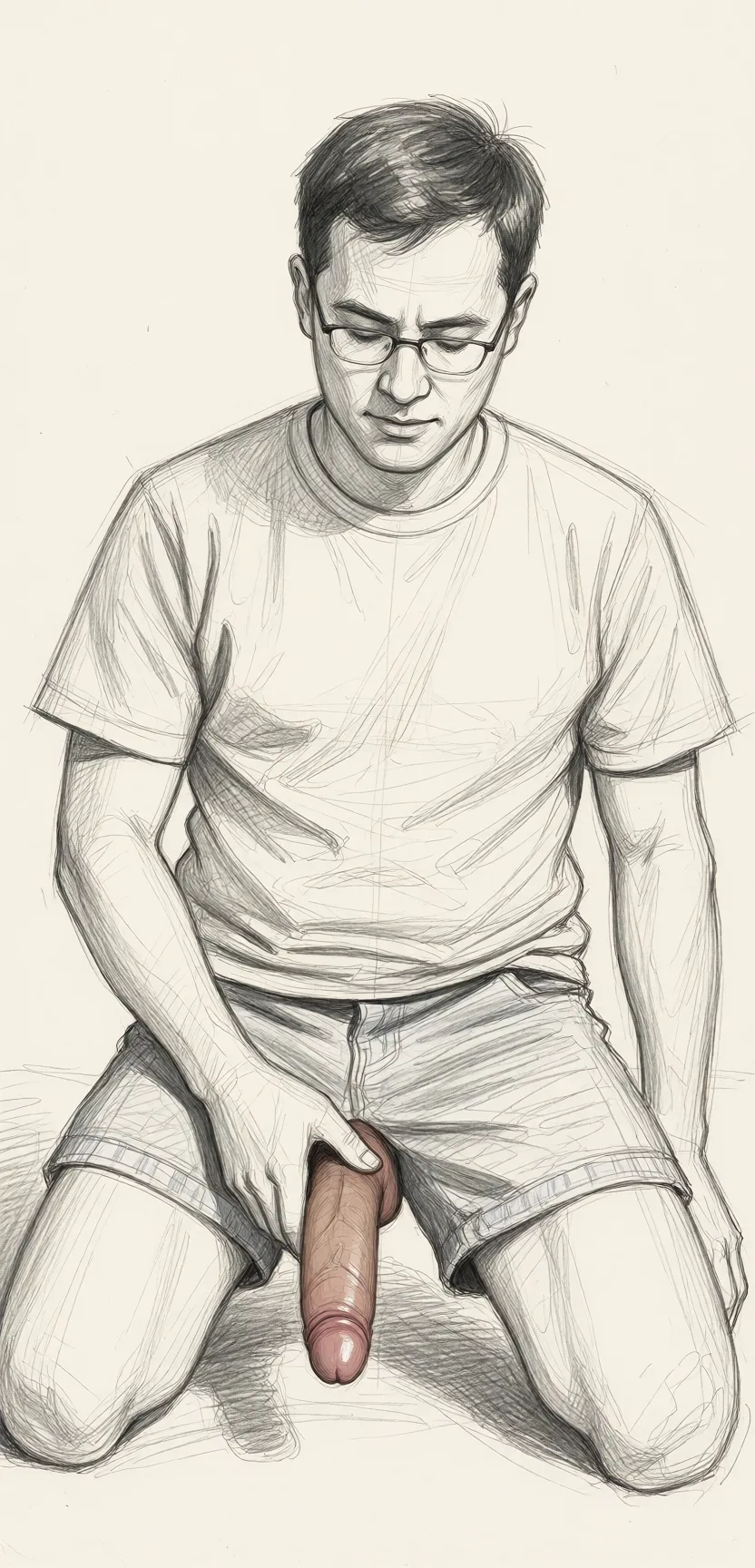 Redraw the entire picture as a hand-drawn graphite sketch on off-white paper: visible pencil strokes, cross-hatched shading, loose construction lines and no colour beyond the grey of the pencil and the tone of the paper. The background is drawn in the same style. Nothing in the frame keeps its photographic appearance. Above all, the picture must show: He strokes that brown penis.