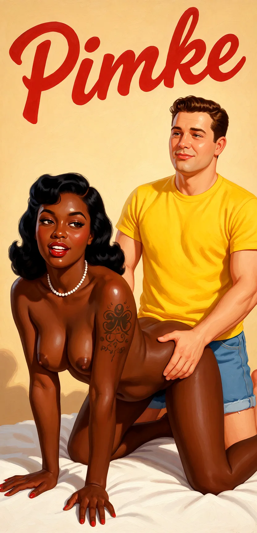 Redraw the entire picture as a retro pin-up illustration: smooth airbrushed gouache paint, warm saturated mid-century colour, clean confident outlines and glamorous stylised features, in the look of a 1950s pin-up poster. The background is painted in the same style. Nothing in the frame keeps its photographic appearance. Above all, the picture must show: Dark dark-skinned_male down on all_fours, white male penetrating from_behind.