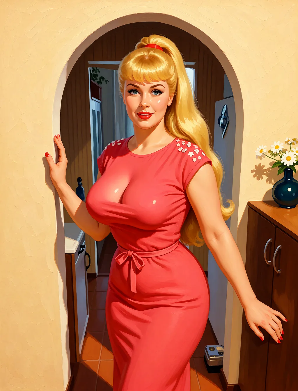 Redraw the entire picture as a retro pin-up illustration: smooth airbrushed gouache paint, warm saturated mid-century colour, clean confident outlines and glamorous stylised features, in the look of a 1950s pin-up poster. The background is painted in the same style. Nothing in the frame keeps its photographic appearance. Above all, the picture must show: On a sunny day, an American BBW woman, Large breasts, naked breasts, large ass, blond hair, absurdly long blond hair, blond ponytail.