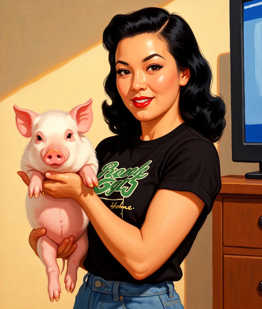 Redraw the entire picture as a retro pin-up illustration: smooth airbrushed gouache paint, warm saturated mid-century colour, clean confident outlines and glamorous stylised features, in the look of a 1950s pin-up poster. The background is painted in the same style. Nothing in the frame keeps its photographic appearance. Above all, the picture must show: sex.