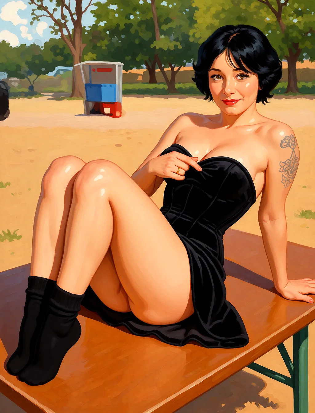 Redraw the entire picture as a retro pin-up illustration: smooth airbrushed gouache paint, warm saturated mid-century colour, clean confident outlines and glamorous stylised features, in the look of a 1950s pin-up poster. The background is painted in the same style. Nothing in the frame keeps its photographic appearance. Above all, the picture must show: Lying on a table on her back naked, legs_up wearing small black socks.