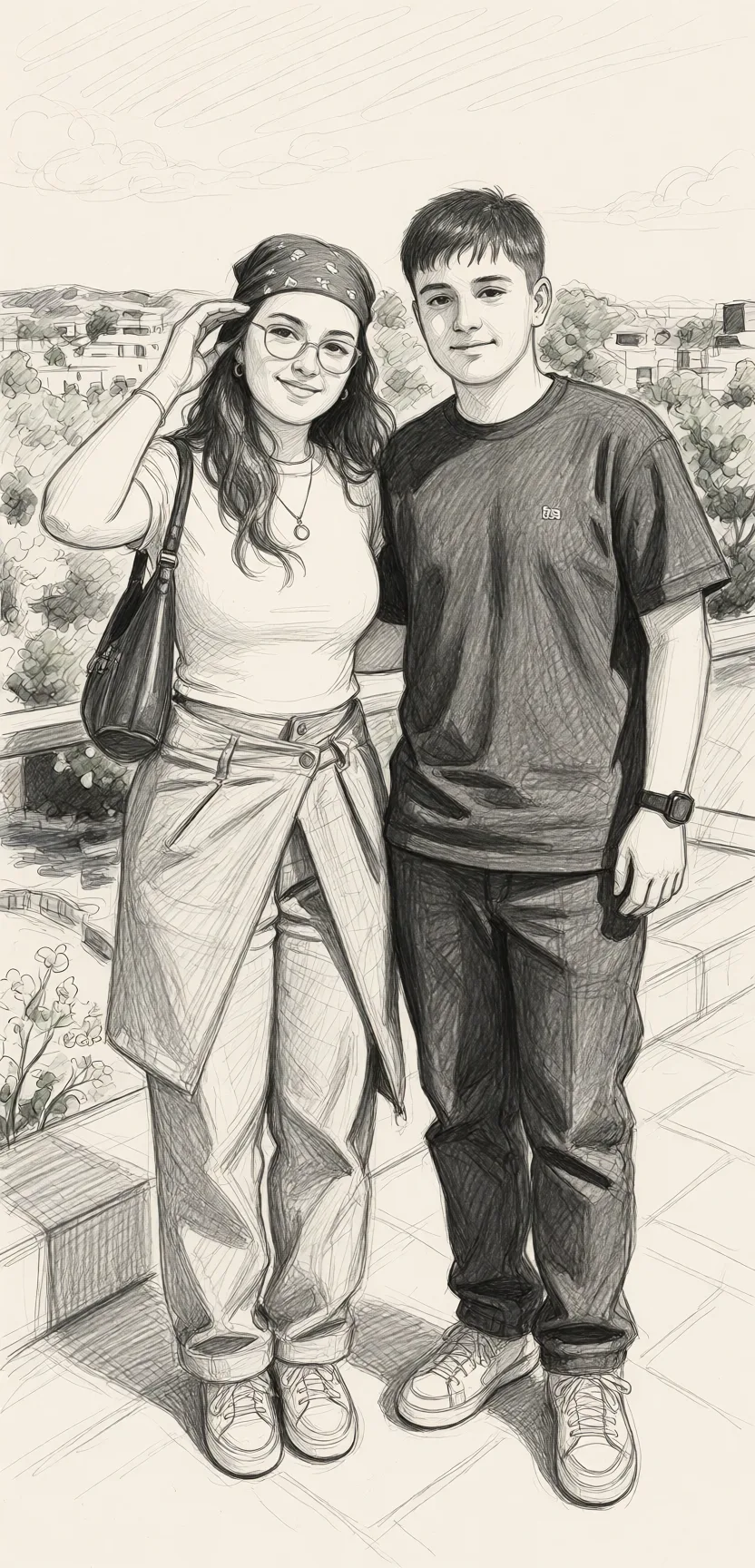 Redraw the entire picture as a hand-drawn graphite sketch on off-white paper: visible pencil strokes, cross-hatched shading, loose construction lines and no colour beyond the grey of the pencil and the tone of the paper. The background is drawn in the same style. Nothing in the frame keeps its photographic appearance. Above all, the picture must show: nude.