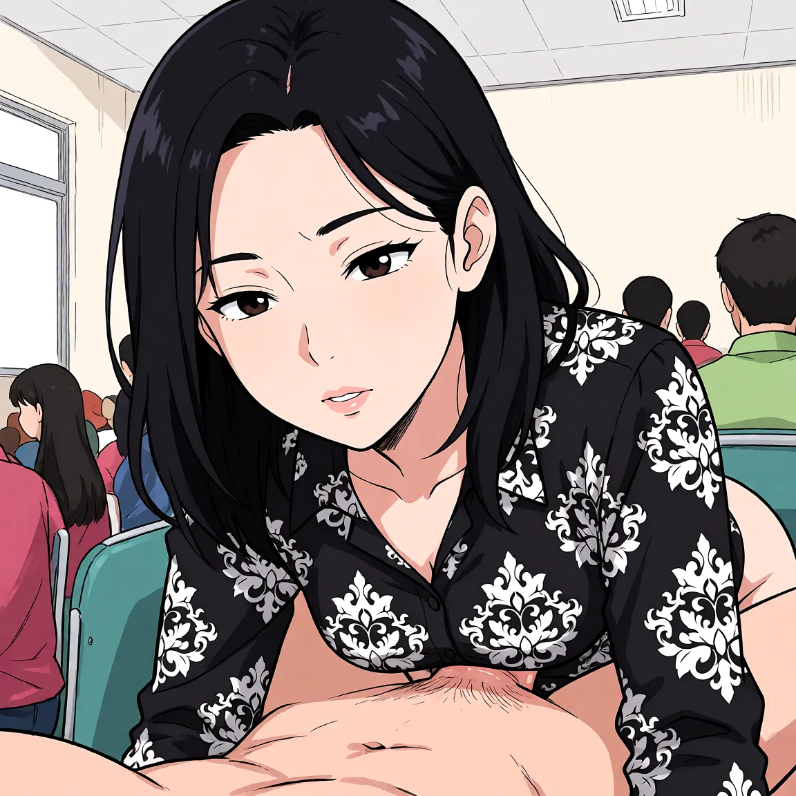 Redraw the entire picture as a hand-drawn anime illustration in flat cel-shaded anime style. It stays the same person with the same face, the same expression, the same hair and the same skin tone, and every other detail of the photograph is kept exactly as it is: nothing is added, removed, moved, uncovered or recoloured. Only the medium changes, and no part of the picture is left photographic. Above all, the picture must show: Having sex missionary.