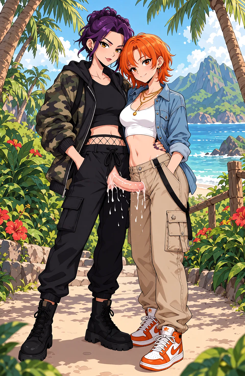 Redraw the entire picture as a hand-drawn anime illustration in flat cel-shaded anime style. It stays the same person with the same face, the same expression, the same hair and the same skin tone, and every other detail of the photograph is kept exactly as it is: nothing is added, removed, moved, uncovered or recoloured. Only the medium changes, and no part of the picture is left photographic. Above all, the picture must show: The redhair fucking the brunette with a strap on, in sex_from_behind.