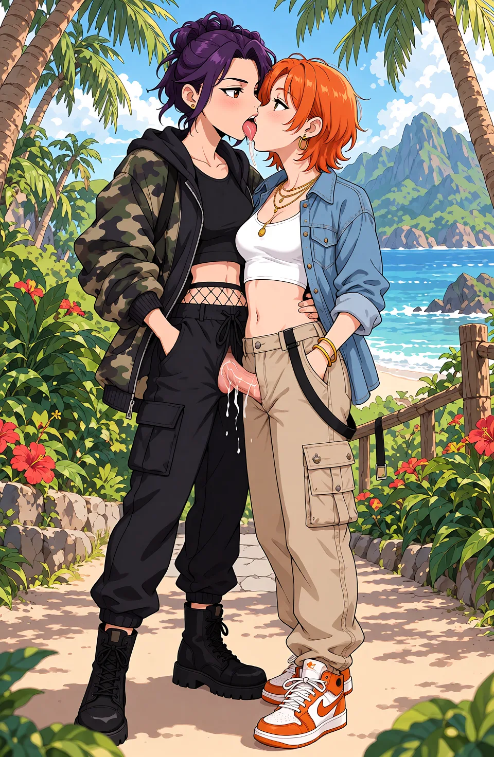 Redraw the entire picture as a hand-drawn anime illustration in flat cel-shaded anime style. It stays the same person with the same face, the same expression, the same hair and the same skin tone, and every other detail of the photograph is kept exactly as it is: nothing is added, removed, moved, uncovered or recoloured. Only the medium changes, and no part of the picture is left photographic. Above all, the picture must show: The brunette sucking the redhair futanari.