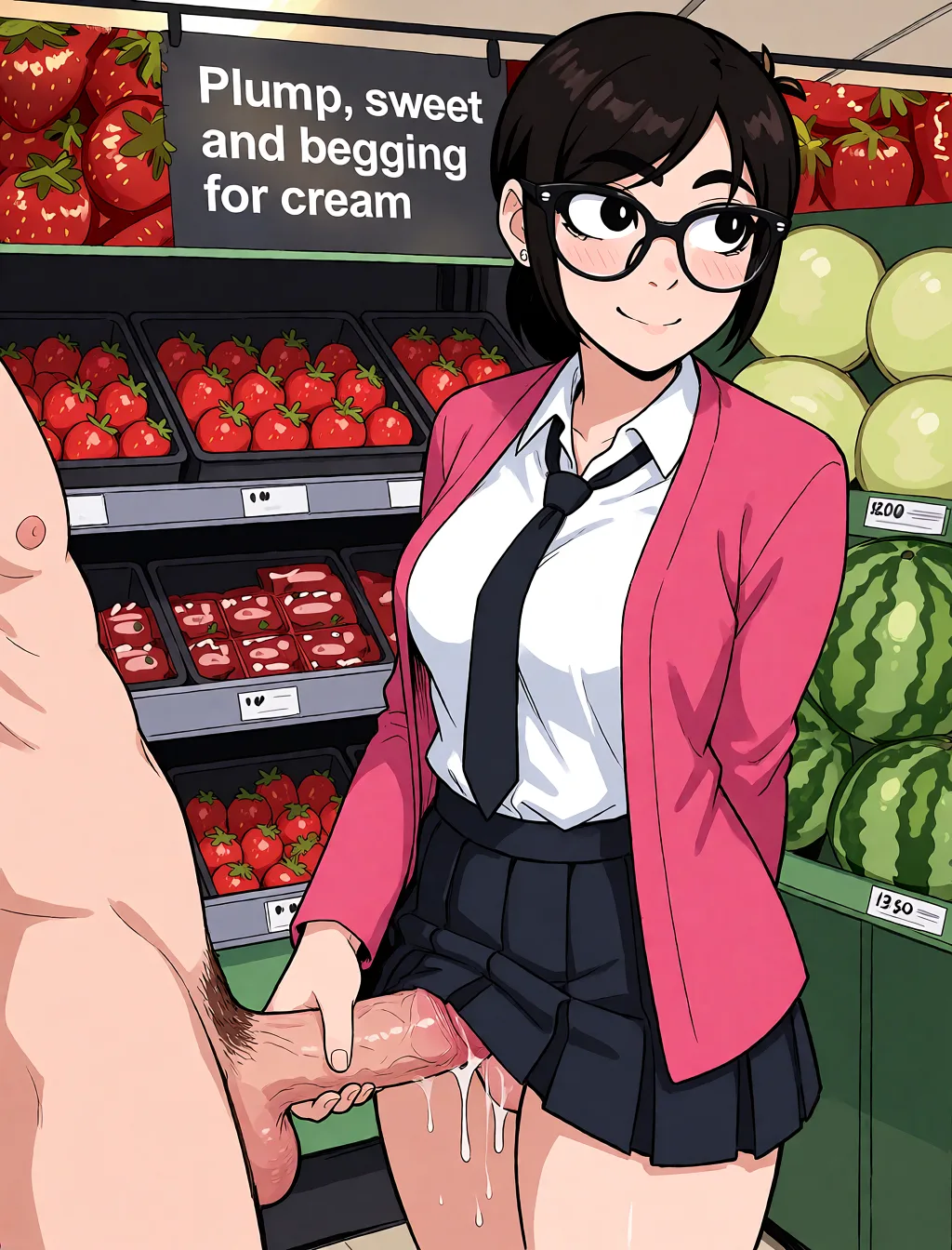 Redraw the entire picture as a hand-drawn anime illustration in flat cel-shaded anime style. It stays the same person with the same face, the same expression, the same hair and the same skin tone, and every other detail of the photograph is kept exactly as it is: nothing is added, removed, moved, uncovered or recoloured. Only the medium changes, and no part of the picture is left photographic. Above all, the picture must show: She sucking penis.