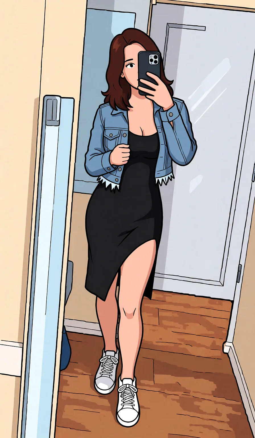 Redraw the entire picture as a western animated cartoon cel: thick even outlines, flat bright blocks of colour, simplified rounded shapes and hard-edged shadows, in the look of a television cartoon rather than of a camera. Keep the woman's adult proportions and adult figure exactly as they are; only the drawing style changes. The background is drawn in the same style. Nothing in the frame keeps its photographic appearance.