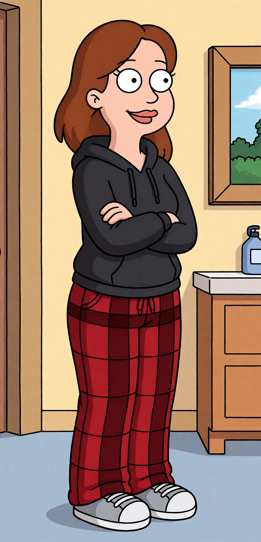 Redraw the entire picture as a western animated cartoon cel: thick even outlines, flat bright blocks of colour, simplified rounded shapes and hard-edged shadows, in the look of a television cartoon rather than of a camera. Keep the woman's adult proportions and adult figure exactly as they are; only the drawing style changes. The background is drawn in the same style. Nothing in the frame keeps its photographic appearance. Above all, the picture must show: naked_shirt.