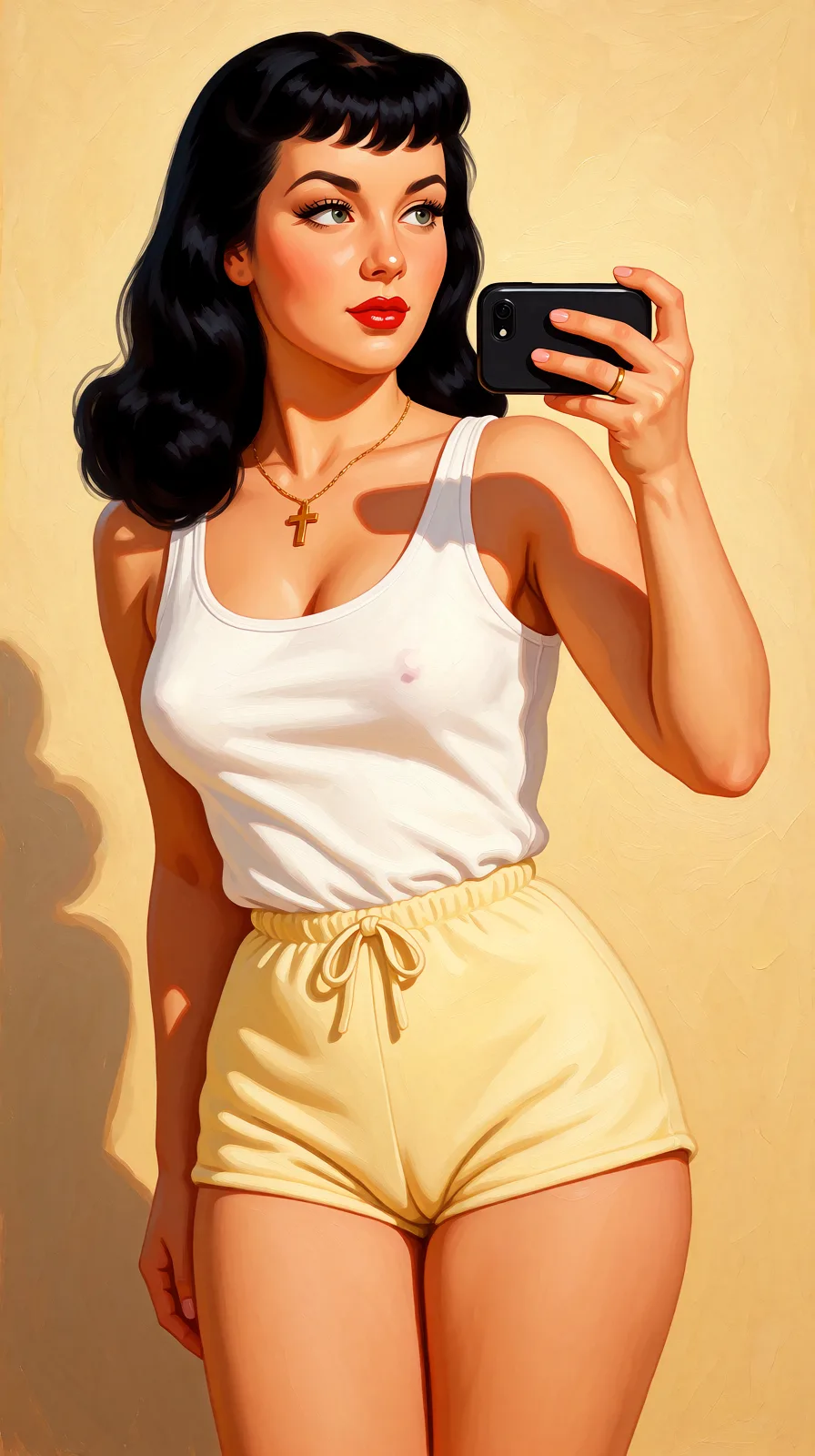 Redraw the entire picture as a retro pin-up illustration: smooth airbrushed gouache paint, warm saturated mid-century colour, clean confident outlines and glamorous stylised features, in the look of a 1950s pin-up poster. The background is painted in the same style. Nothing in the frame keeps its photographic appearance. Above all, the picture must show: high waisted shorts and naked tits.