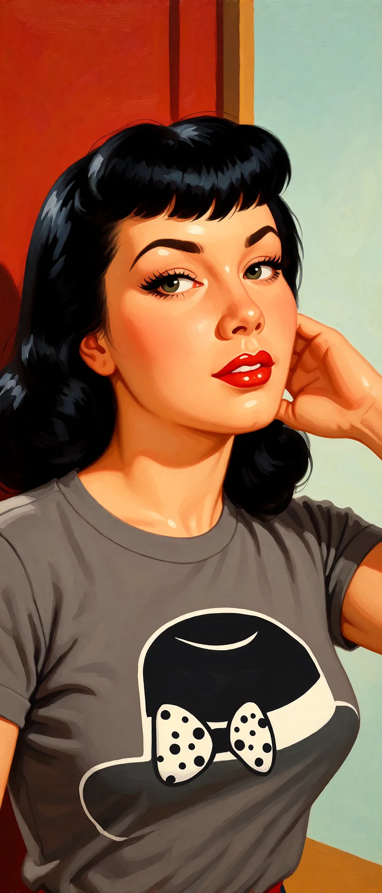 Redraw the entire picture as a retro pin-up illustration: smooth airbrushed gouache paint, warm saturated mid-century colour, clean confident outlines and glamorous stylised features, in the look of a 1950s pin-up poster. The background is painted in the same style. Nothing in the frame keeps its photographic appearance. Above all, the picture must show: sex.