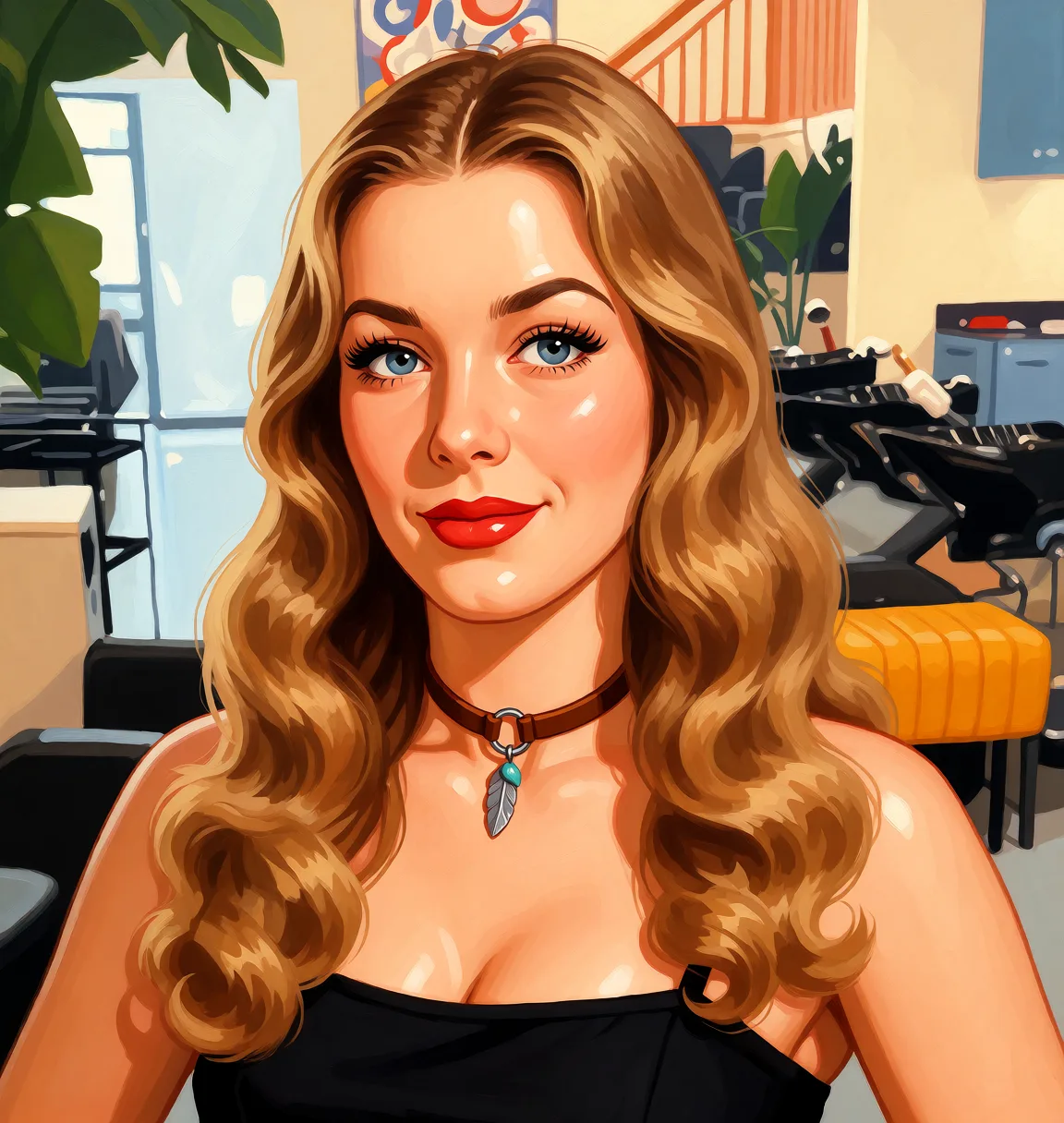 Redraw the entire picture as a retro pin-up illustration: smooth airbrushed gouache paint, warm saturated mid-century colour, clean confident outlines and glamorous stylised features, in the look of a 1950s pin-up poster. The background is painted in the same style. Nothing in the frame keeps its photographic appearance. Above all, the picture must show: hairy ass.