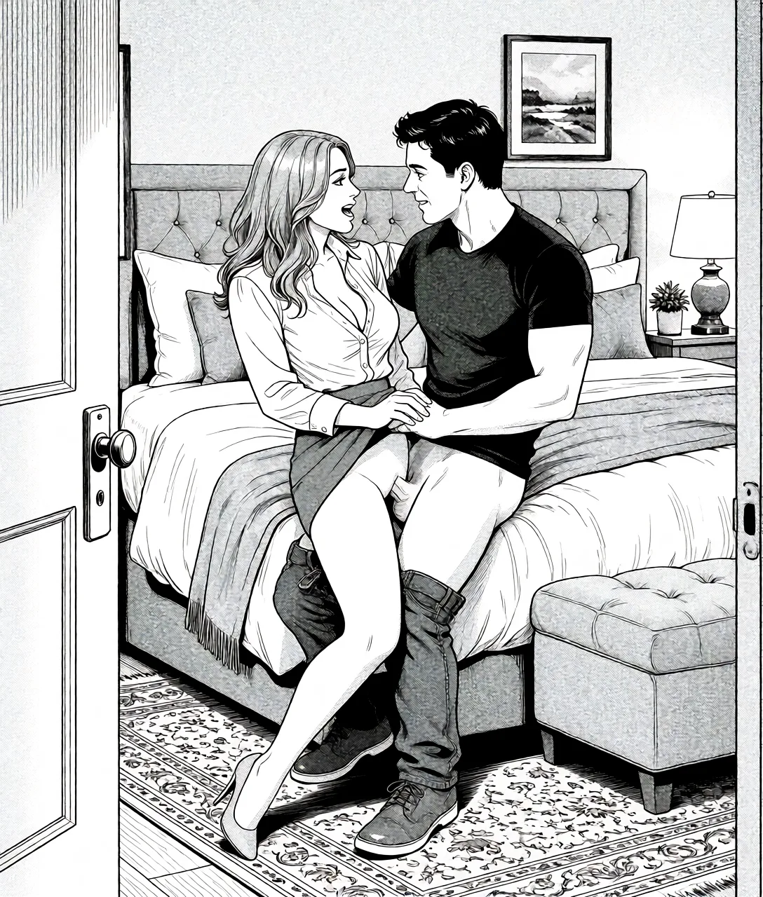 Redraw the entire picture as a black and white manga page: crisp black ink line art, no colour anywhere, flat halftone screentone shading, hatched shadows and clean white highlights, in the look of a printed manga panel. The background is drawn in the same style. Nothing in the frame keeps its photographic appearance. Above all, the picture must show: he is fucking her on the edge of the bed, her skirt lifted and tits out of her shirt, his pants down.
