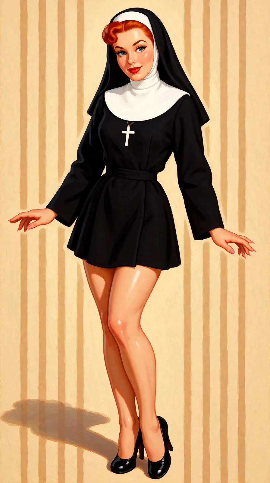 Redraw the entire picture as a retro pin-up illustration: smooth airbrushed gouache paint, warm saturated mid-century colour, clean confident outlines and glamorous stylised features, in the look of a 1950s pin-up poster. The background is painted in the same style. Nothing in the frame keeps its photographic appearance. Above all, the picture must show: dressed as nun.