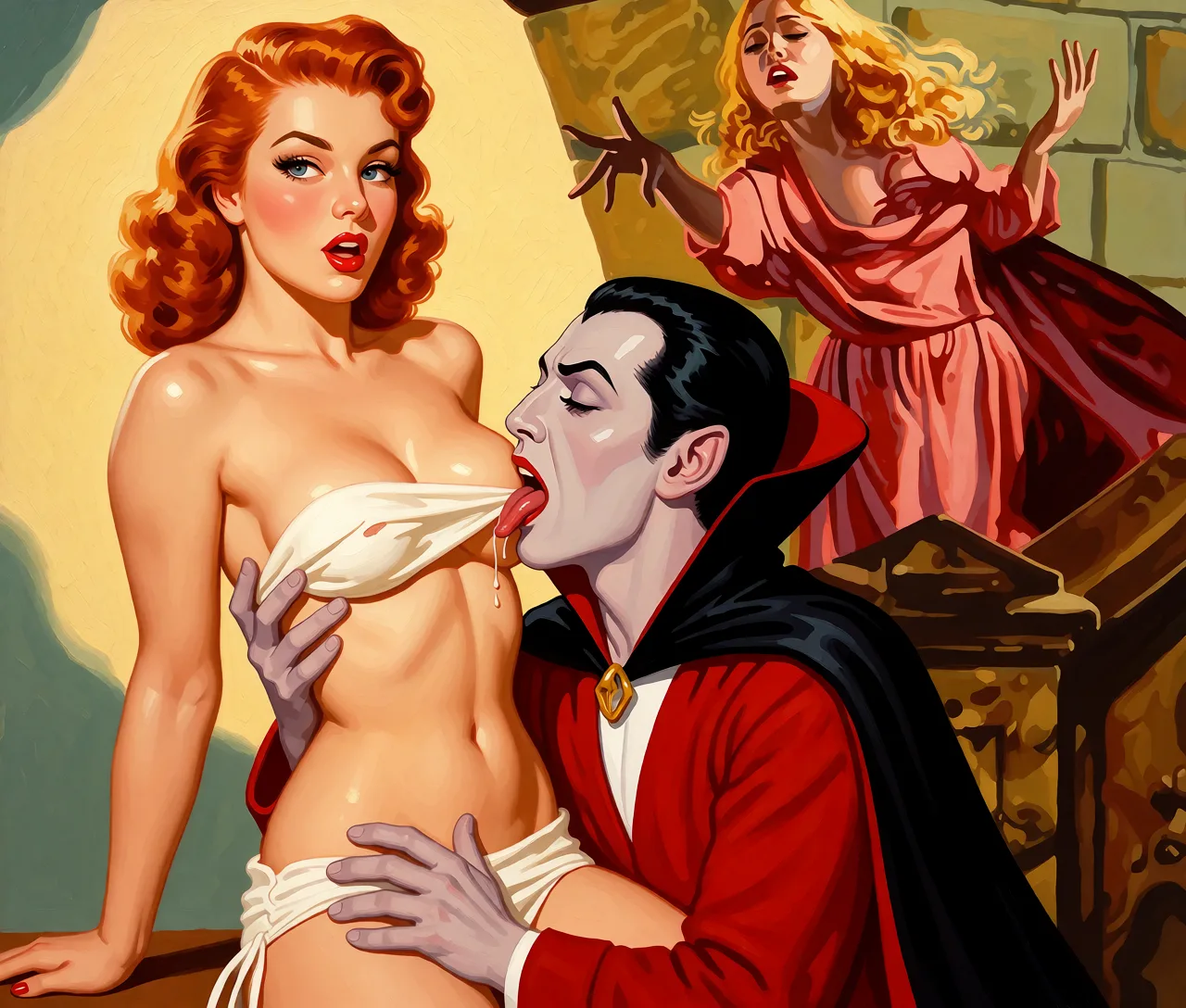 Redraw the entire picture as a retro pin-up illustration: smooth airbrushed gouache paint, warm saturated mid-century colour, clean confident outlines and glamorous stylised features, in the look of a 1950s pin-up poster. The background is painted in the same style. Nothing in the frame keeps its photographic appearance. Above all, the picture must show: the vampire is female.
