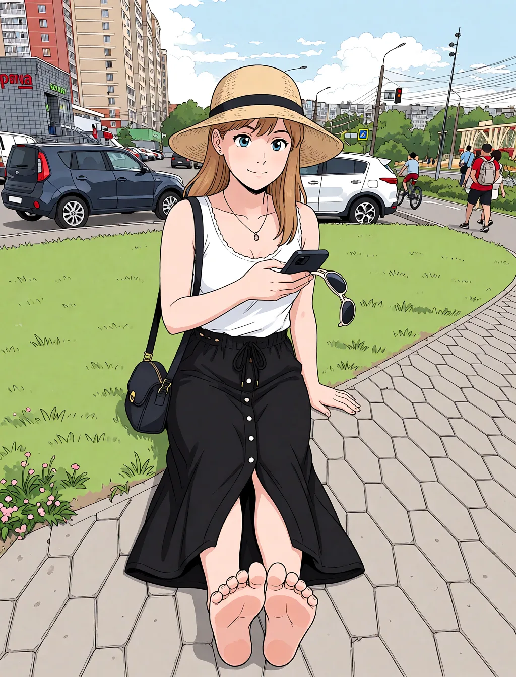 Redraw the entire picture as a hand-drawn anime illustration in flat cel-shaded anime style. It stays the same person with the same face, the same expression, the same hair and the same skin tone, and every other detail of the photograph is kept exactly as it is: nothing is added, removed, moved, uncovered or recoloured. Only the medium changes, and no part of the picture is left photographic. Above all, the picture must show: feet soles feet up.