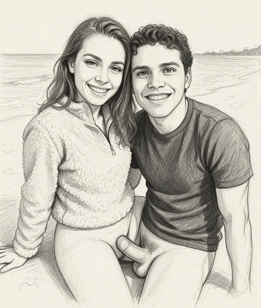 Redraw the entire picture as a hand-drawn graphite sketch on off-white paper: visible pencil strokes, cross-hatched shading, loose construction lines and no colour beyond the grey of the pencil and the tone of the paper. The background is drawn in the same style. Nothing in the frame keeps its photographic appearance. Above all, the picture must show: missionary sex.