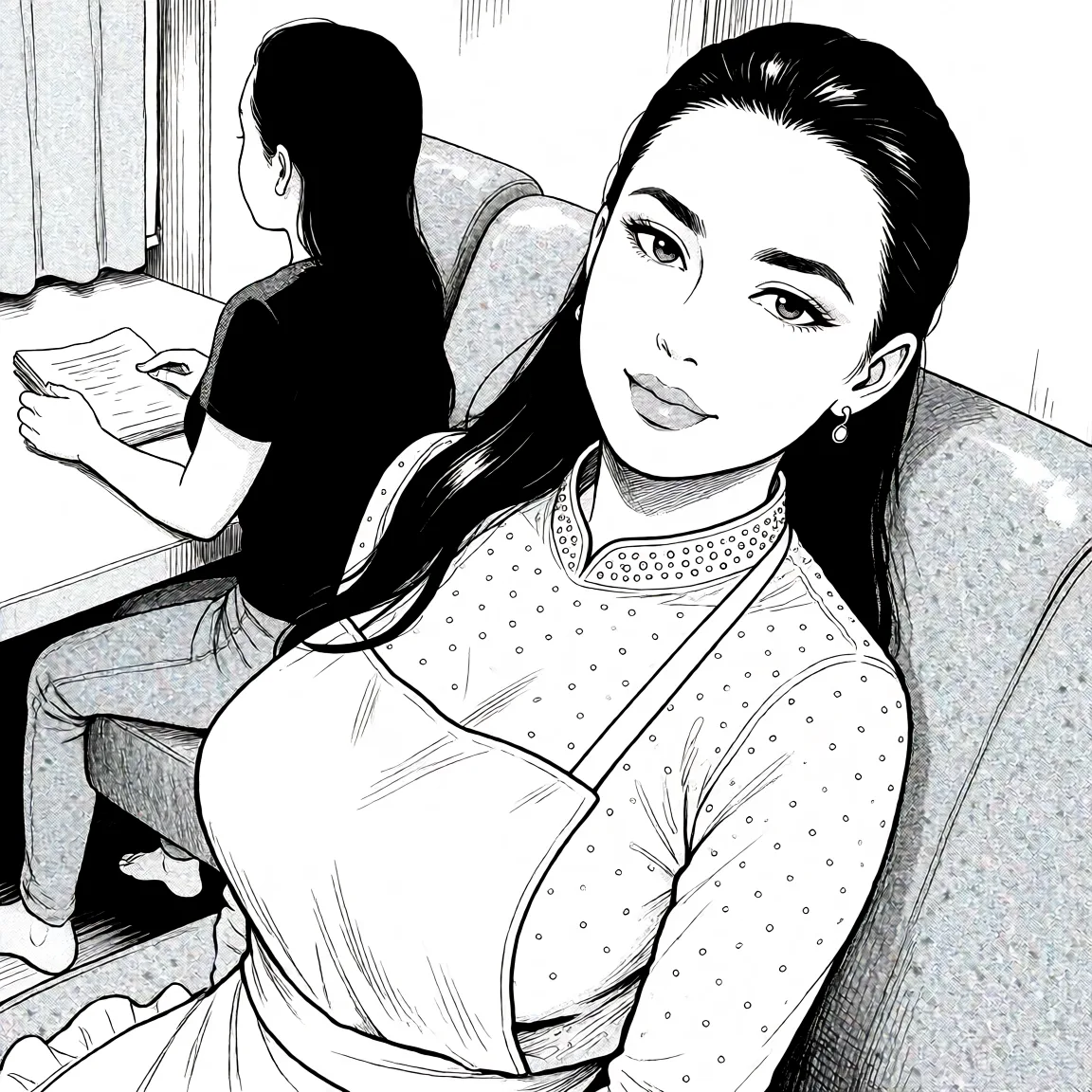 Redraw the entire picture as a black and white manga page: crisp black ink line art, no colour anywhere, flat halftone screentone shading, hatched shadows and clean white highlights, in the look of a printed manga panel. The background is drawn in the same style. Nothing in the frame keeps its photographic appearance. Above all, the picture must show: naked_apron.
