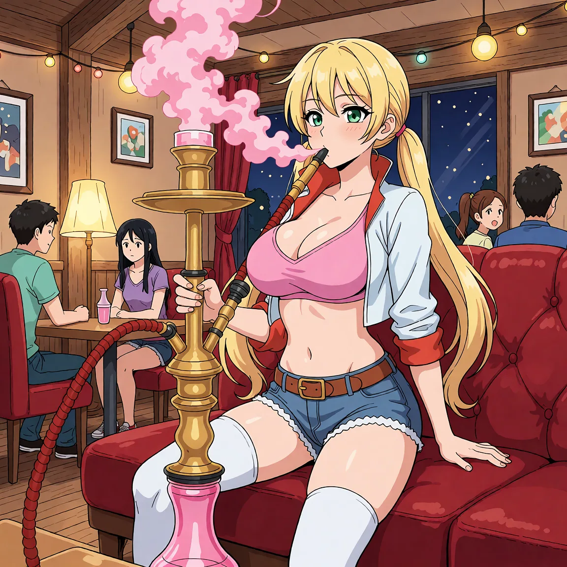 Redraw the entire picture as a hand-drawn anime illustration in flat cel-shaded anime style. It stays the same person with the same face, the same expression, the same hair and the same skin tone, and every other detail of the photograph is kept exactly as it is: nothing is added, removed, moved, uncovered or recoloured. Only the medium changes, and no part of the picture is left photographic. Above all, the picture must show: She is now standing ontop of the table and is dancing sexy. She has began to transform her breasts growing bigger, her waist cinching, her hips widening, her ass growing bigger and her legs become longer.