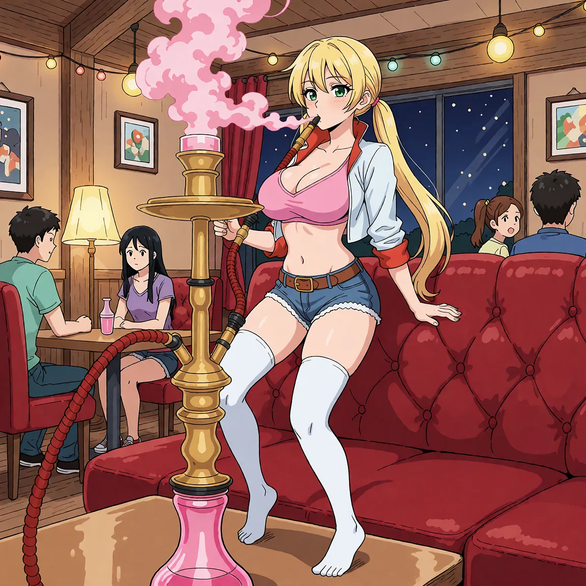 Redraw the entire picture as a hand-drawn anime illustration in flat cel-shaded anime style. It stays the same person with the same face, the same expression, the same hair and the same skin tone, and every other detail of the photograph is kept exactly as it is: nothing is added, removed, moved, uncovered or recoloured. Only the medium changes, and no part of the picture is left photographic. Above all, the picture must show: She is now standing ontop of a table and is dancing sexy (she is no longer sitting). She has began to transform her breasts growing bigger, her waist cinching, her hips widening, her ass growing bigger and her legs become longer.
Expand view to show all of her.