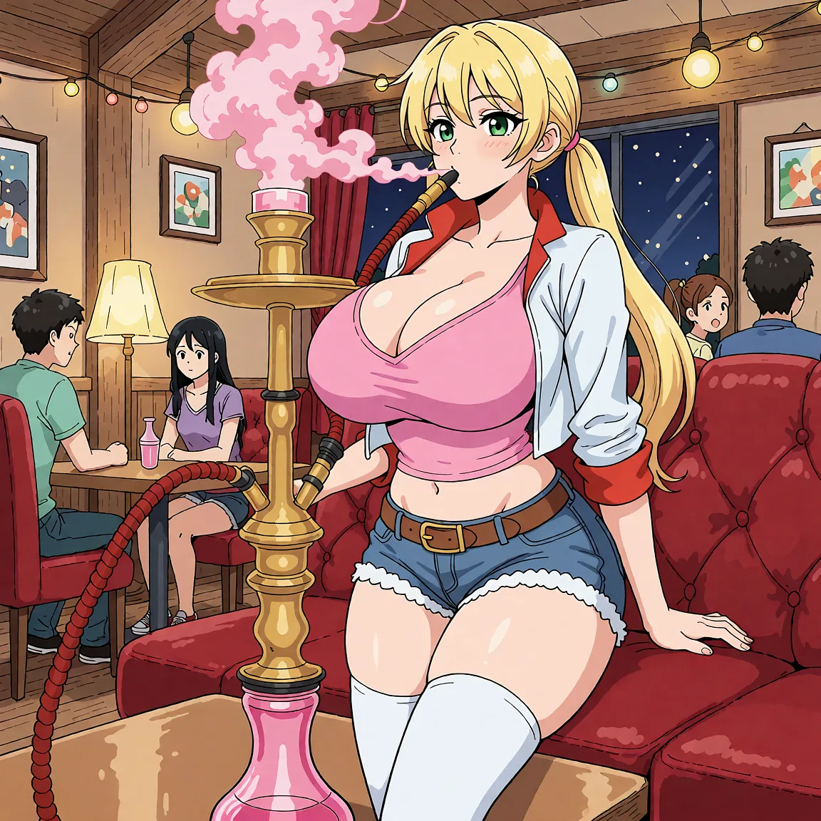 Redraw the entire picture as a hand-drawn anime illustration in flat cel-shaded anime style. It stays the same person with the same face, the same expression, the same hair and the same skin tone, and every other detail of the photograph is kept exactly as it is: nothing is added, removed, moved, uncovered or recoloured. Only the medium changes, and no part of the picture is left photographic. Above all, the picture must show: She is still daning. She has transformed more her breasts growing even bigger stretching her top, her waist cinching smaller, her hips widening more stretching her shorts, her ass growing more bigger also stretching her shorts and her legs become more longer. Expand view to show all of her.